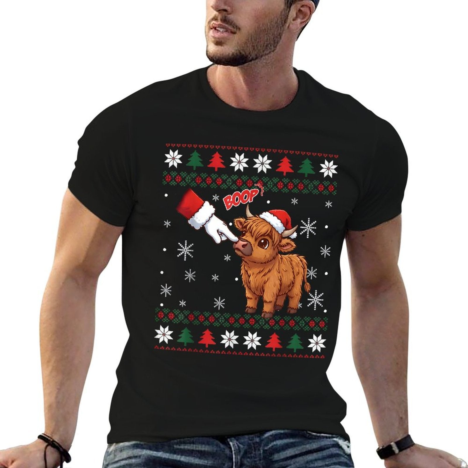 Santa Farmer Funny Western Hand Boop Christmas Highland Cow  Wrinkle-resistant T-Shirt