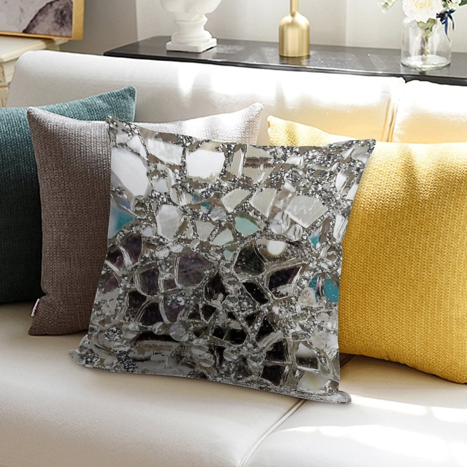 Photographic Image Sparkly Silver Glitter, Glass And Mirror Soft Reinforced Edging Throw Pillow