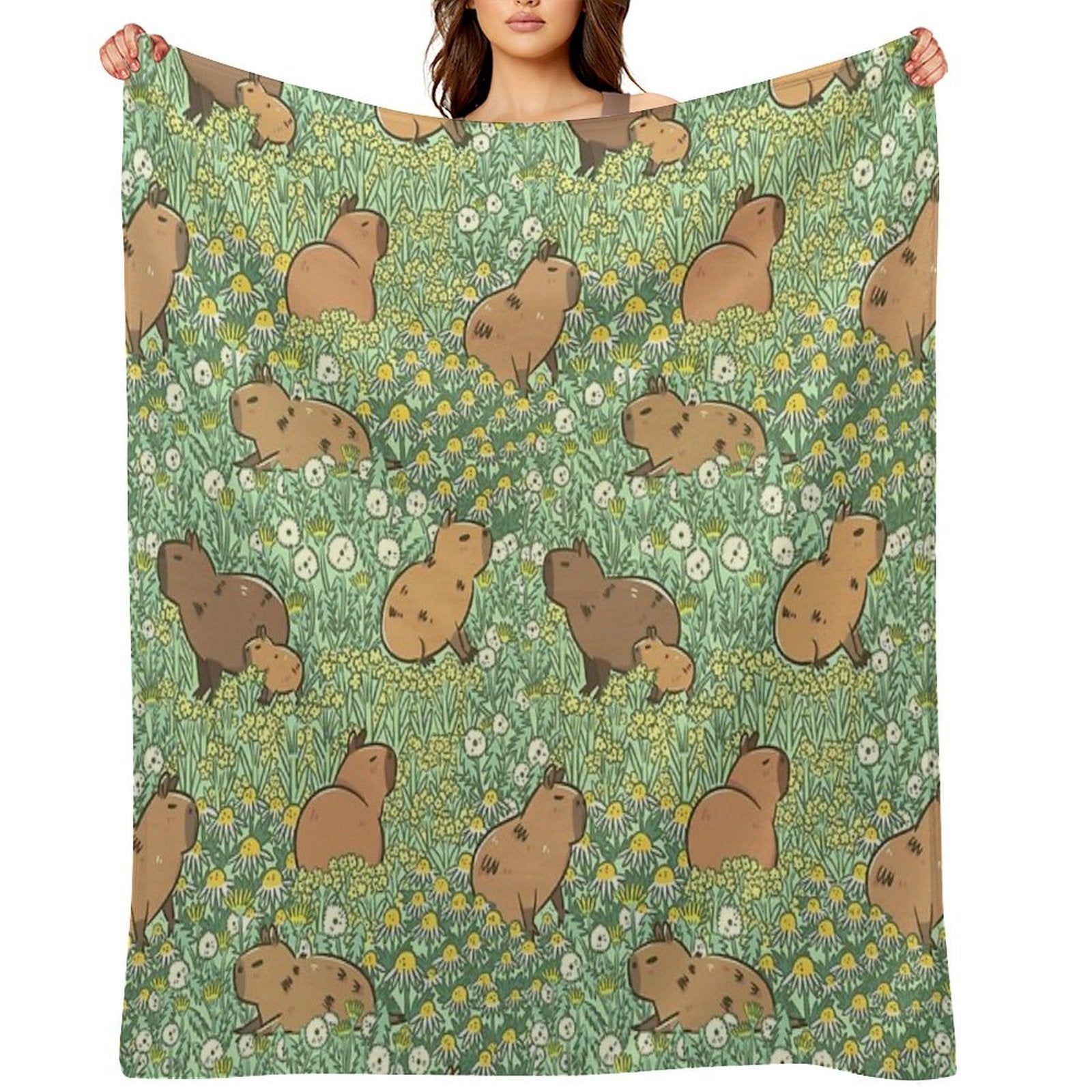 Capybaras Meadow in Green And Yellow Eco-conscious Throw Blanket