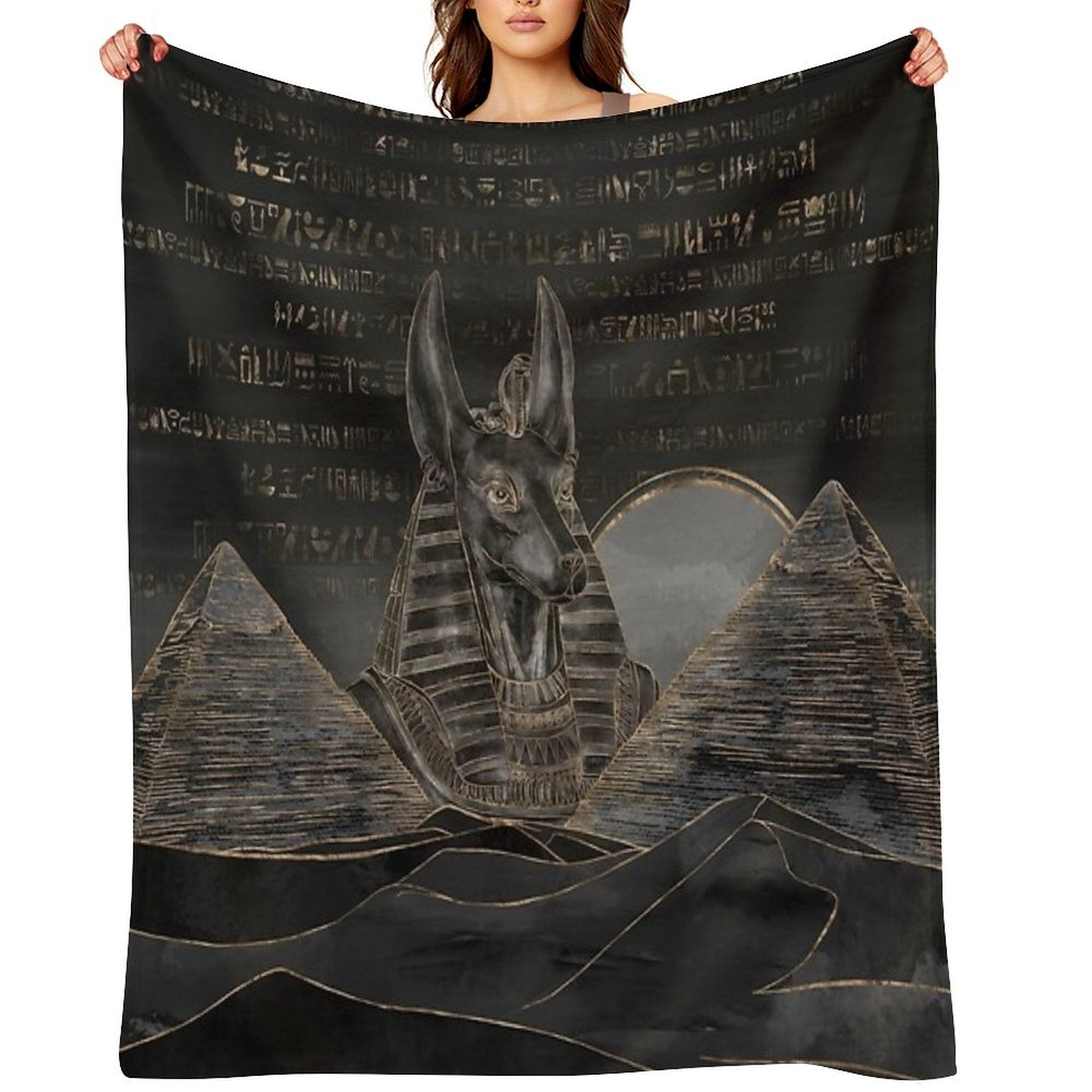 Anubis on Egyptian Pyramids Landscape Travel-friendly Throw Blanket