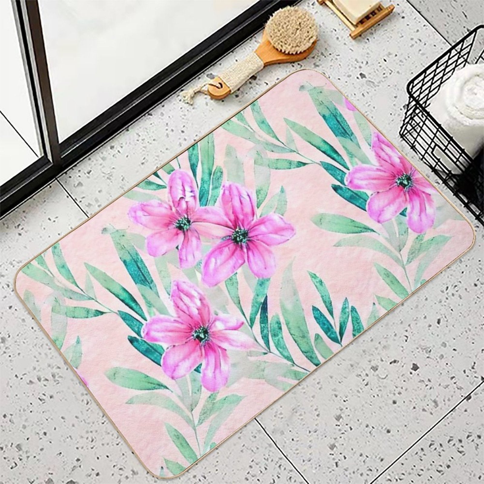 Soft Watercolour Flowers with Foliage  Non-Slip Bath Mat