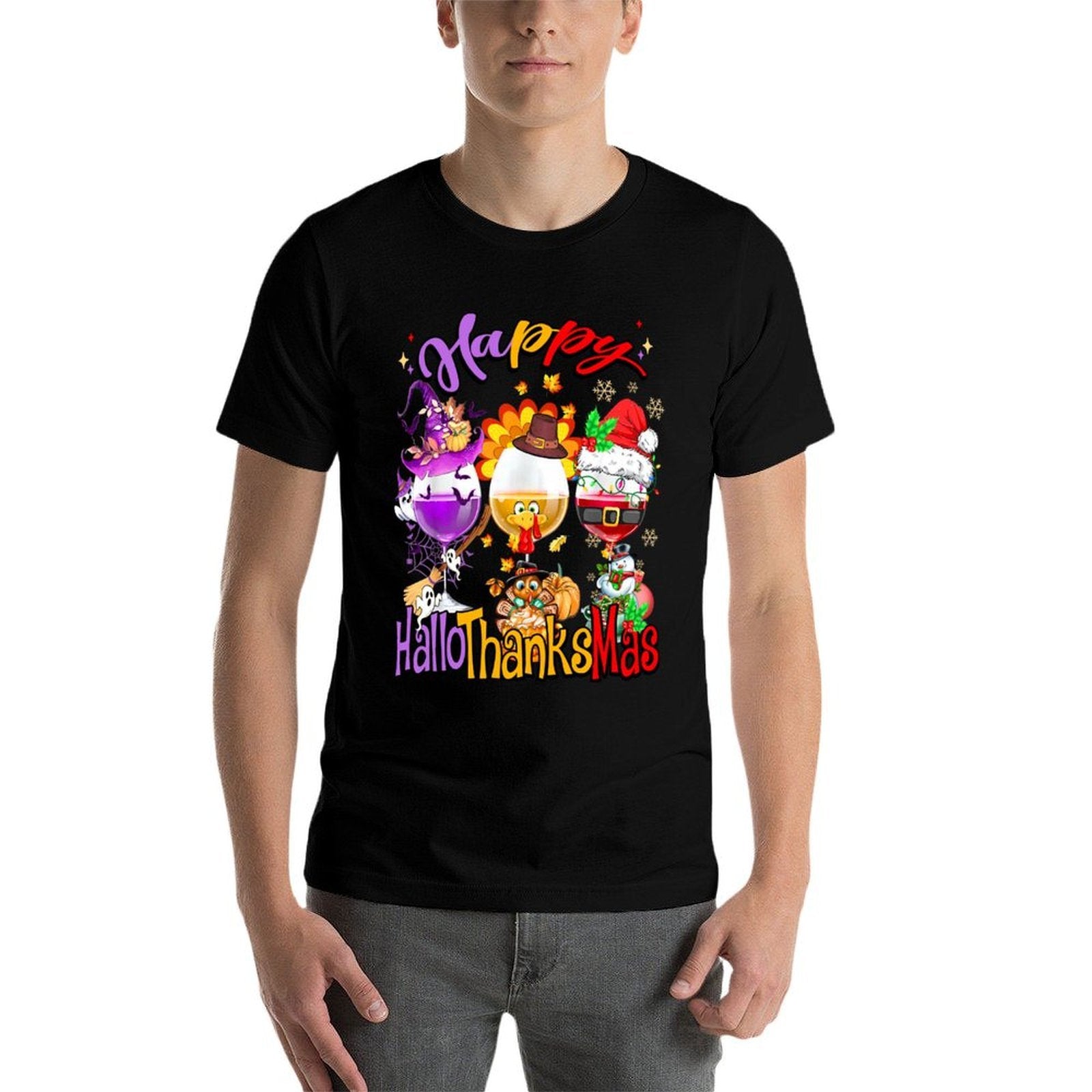 Happy Hallothanksmas Wine Glass Ghosts Turkey Santa Drinking  Wrinkle-resistant T-Shirt