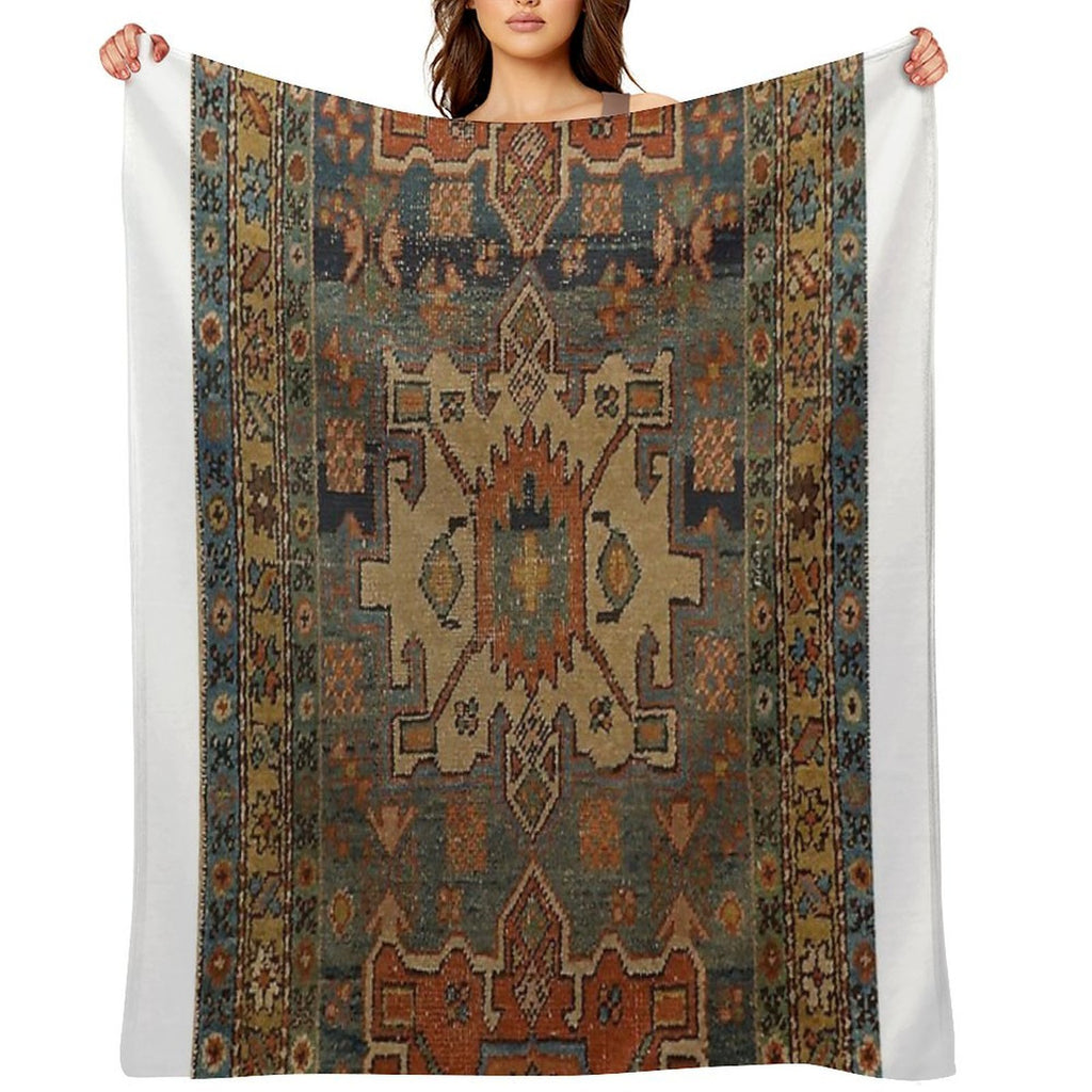 Persia Heriz 19th Century Authentic Colorful Picture of A Orange Blue And Green Rug Sustainable Throw Blanket