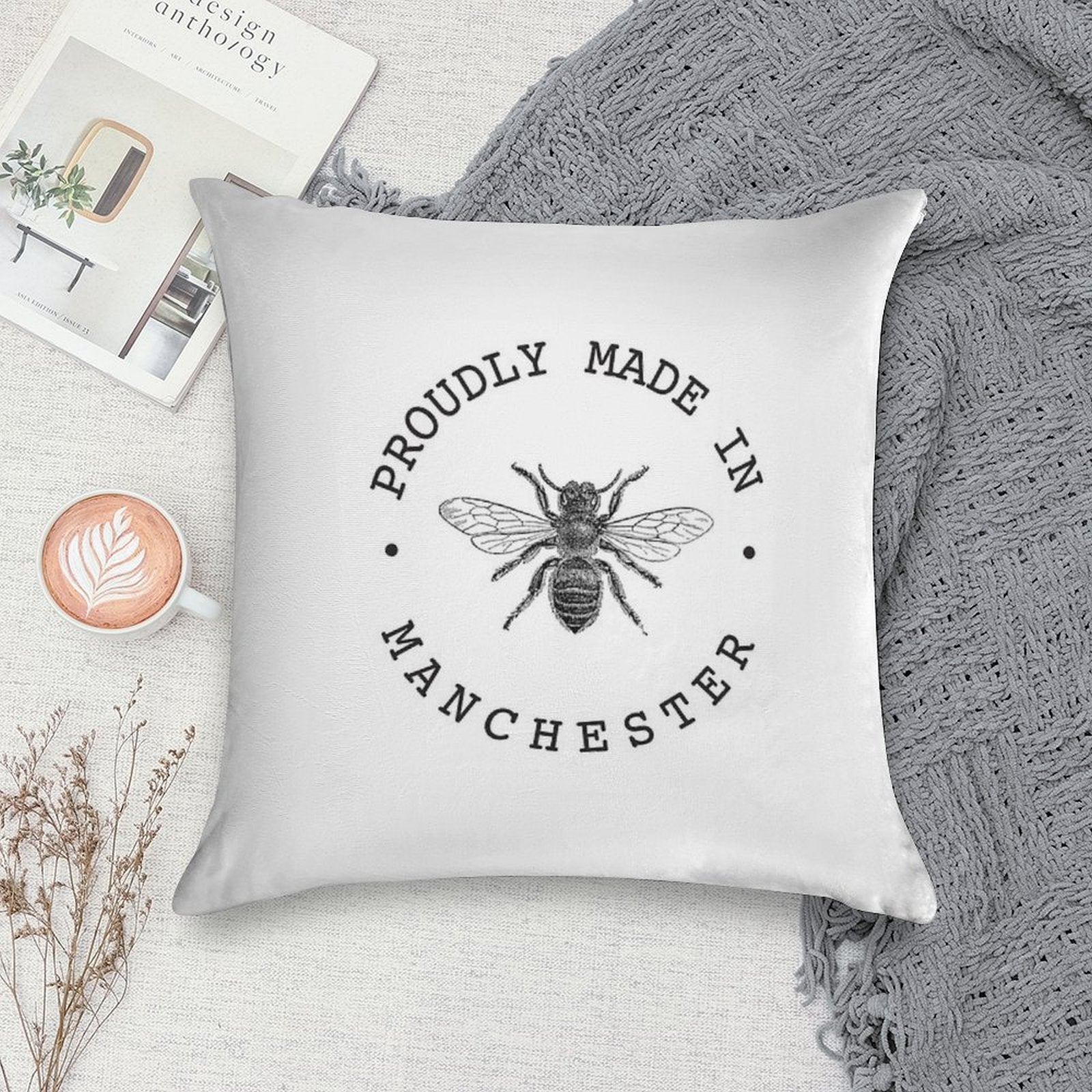 Manchester Worker Bee 'Proudly Made in Manchester' Soft Reinforced Edging Throw Pillow