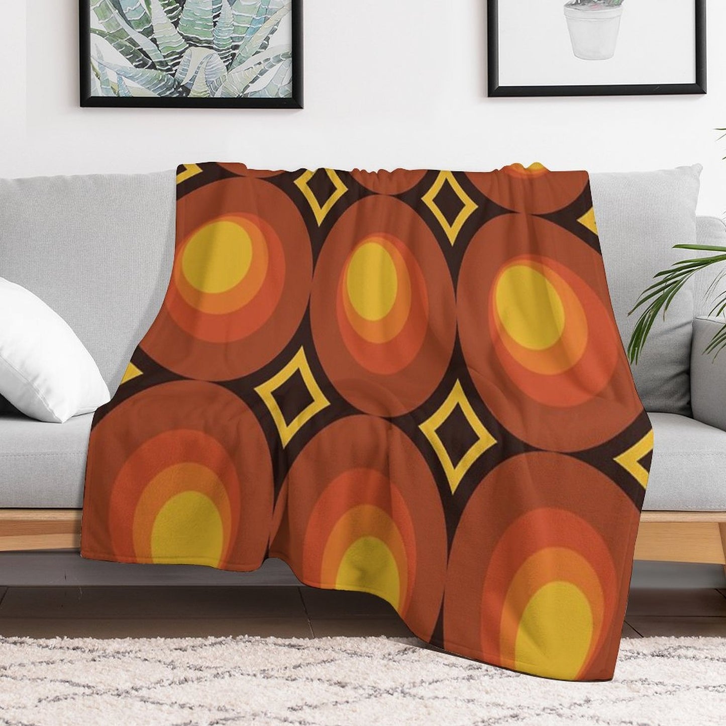 1970s Orange Mid-Century Modern Circle 2 Easy Care Throw Blanket
