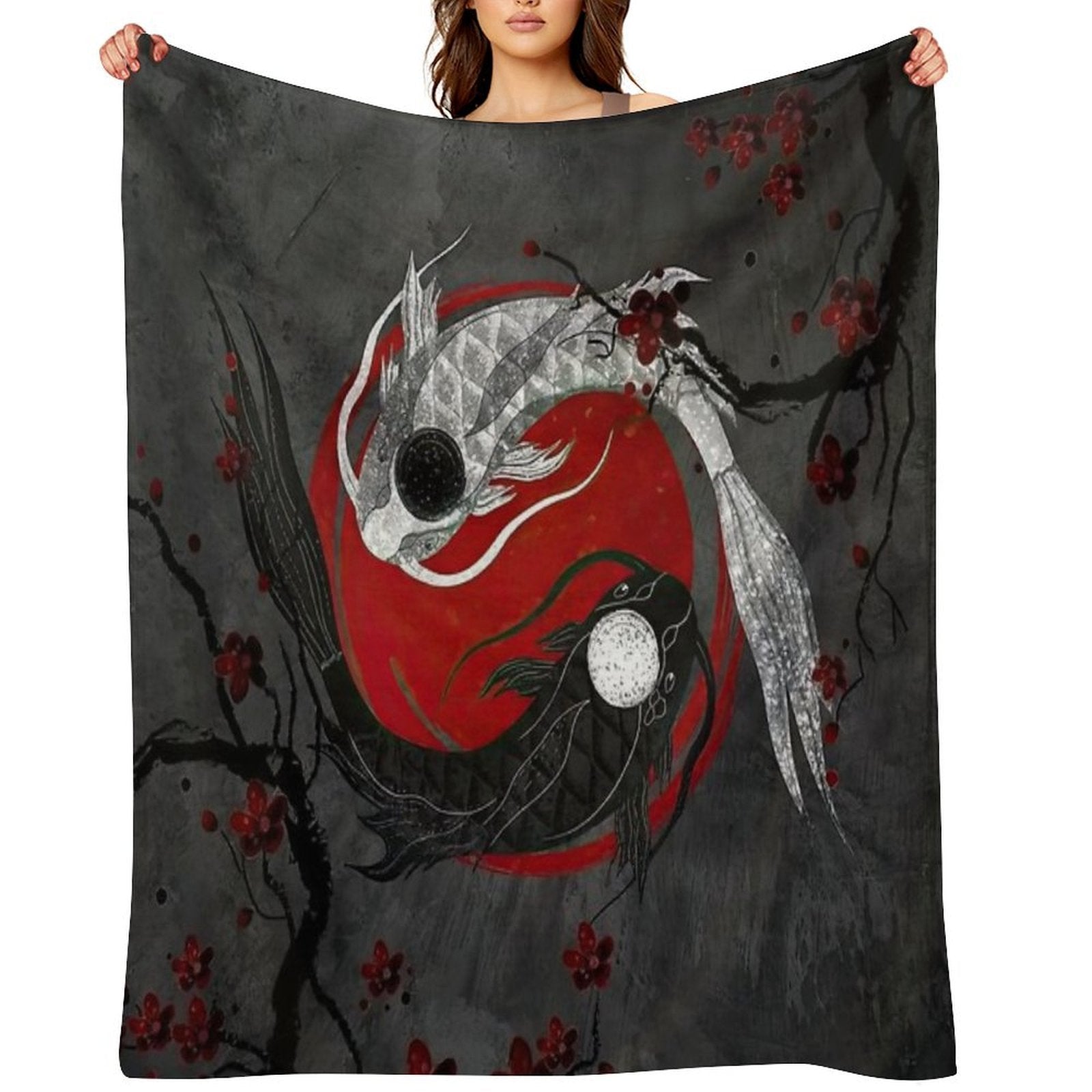 Japanese Ying Yang Koi Fish And Sakura Red & Gray Premium Throw Blanket