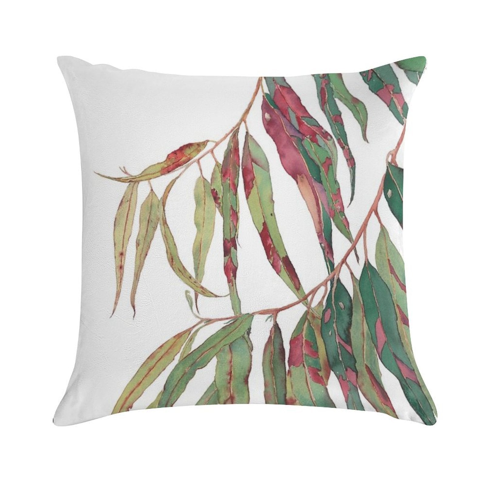 A Touch of Red - Watercolour of Eucalyptus Branch Soft Reinforced Edging Throw Pillow