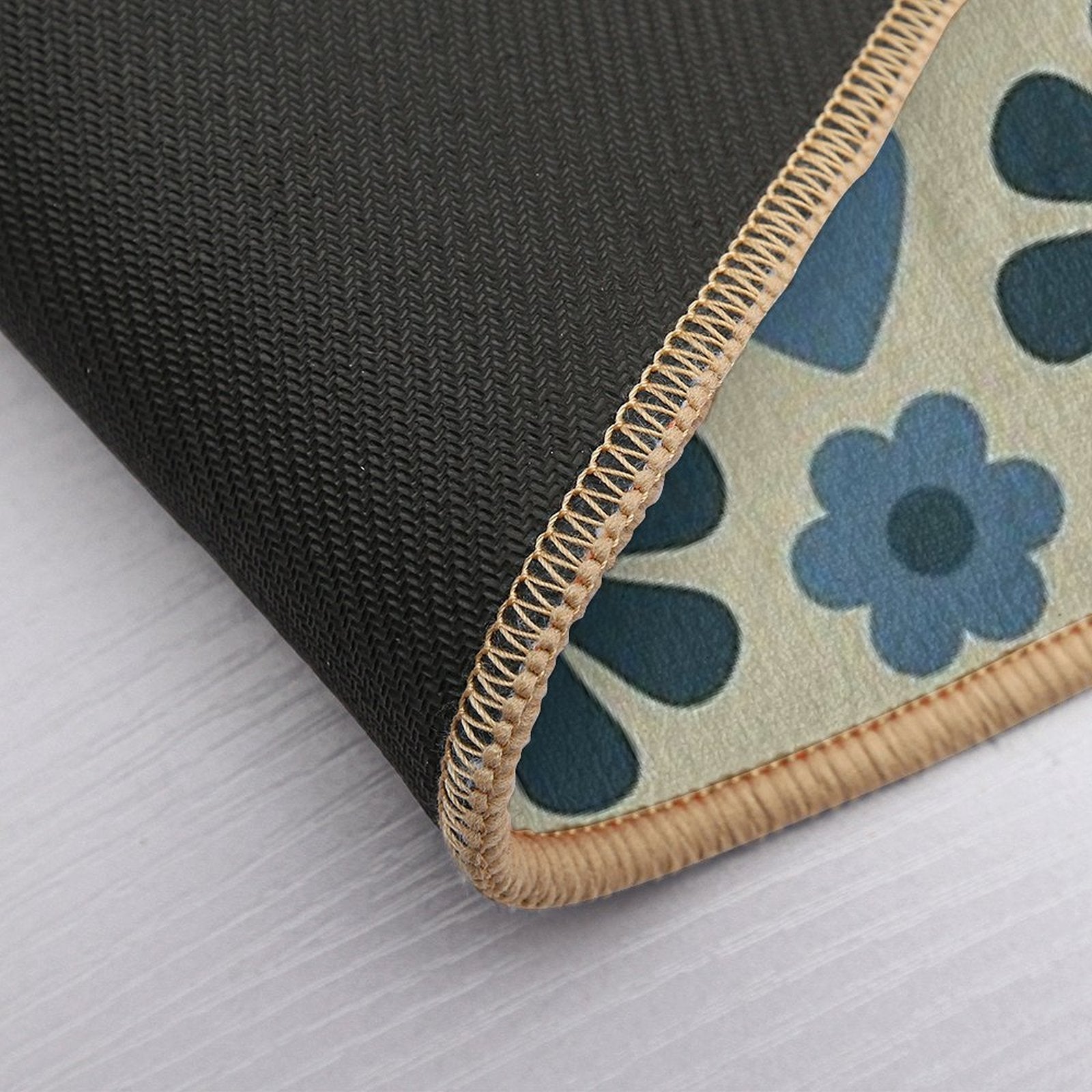 Scandi Floral Grid Retro Pattern in Vintage Blue And Beige  Absorbent Bath Mat