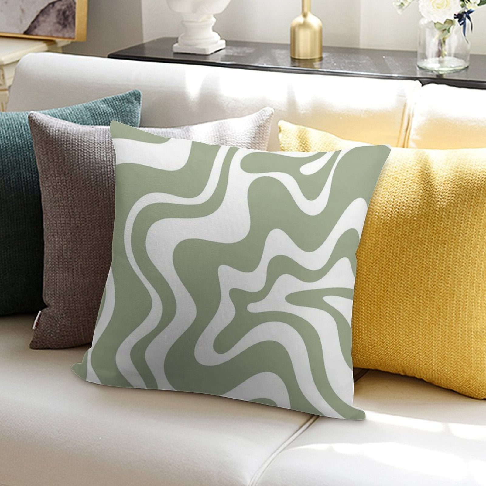 Liquid Swirl Contemporary Abstract Pattern in Sage Green And White Soft Skin-Friendly Throw Pillow