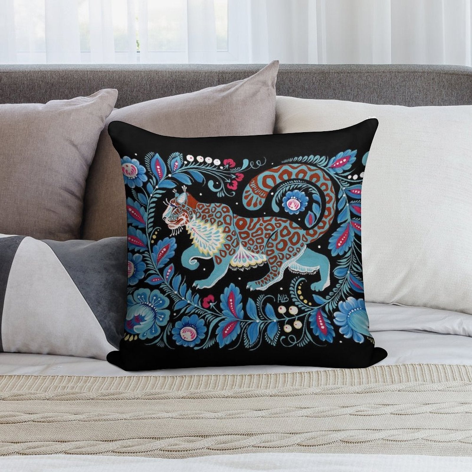 Snow Leopard Folk Art Soft Bedroom Essential Throw Pillow