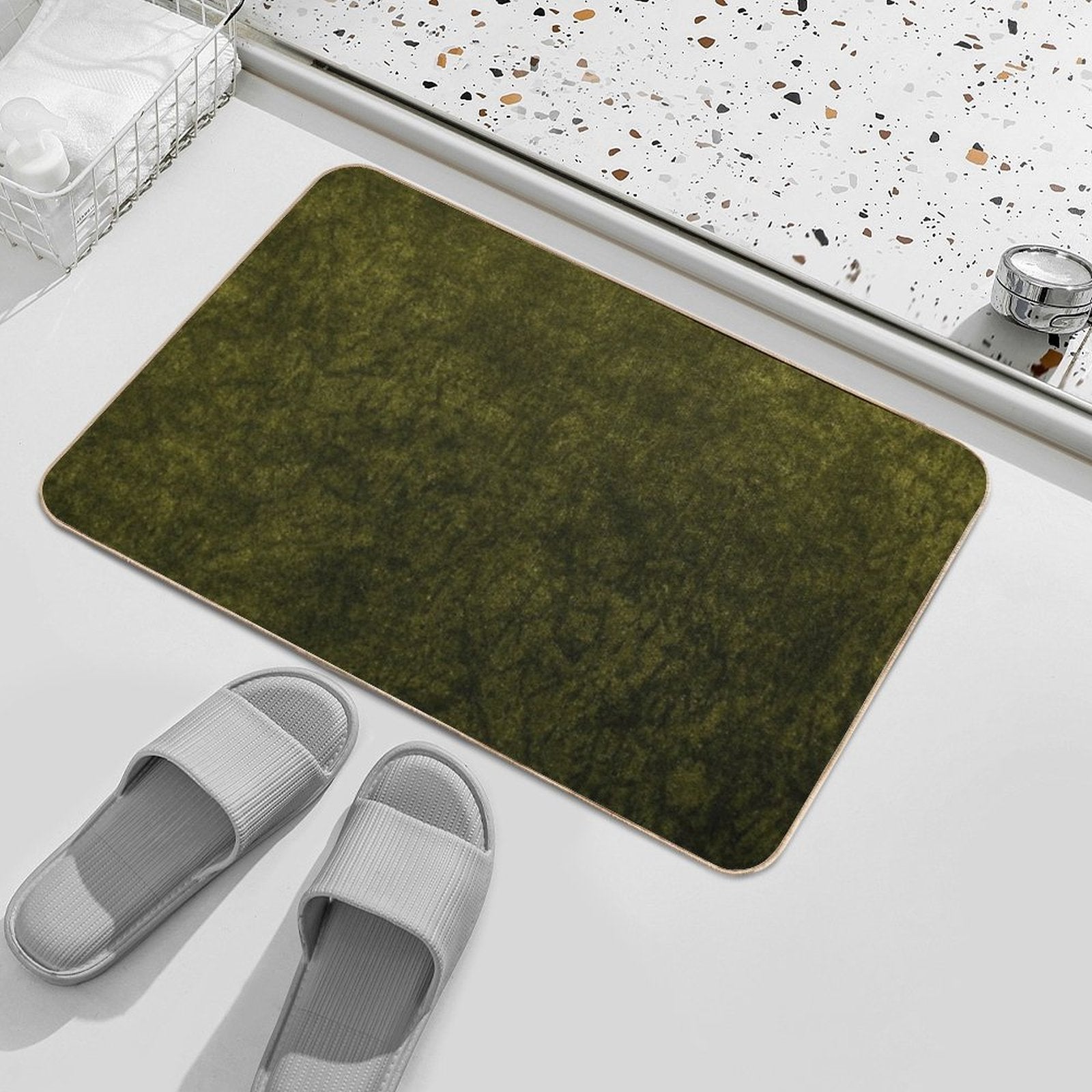 Olive Green Velvet  Texture Durable Bath Mat