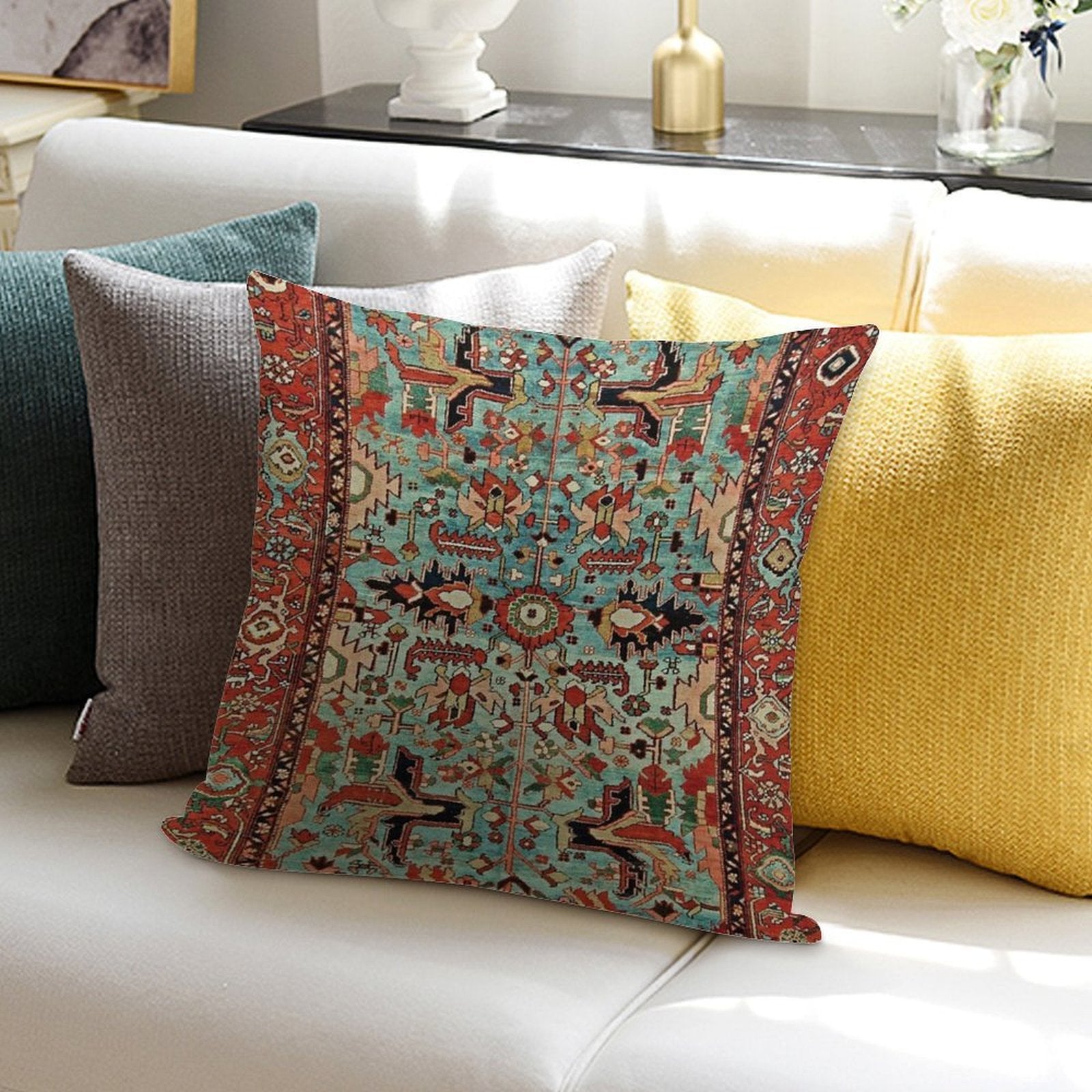 Antique Heriz Persian Carpet Print Soft Durable Construction Throw Pillow
