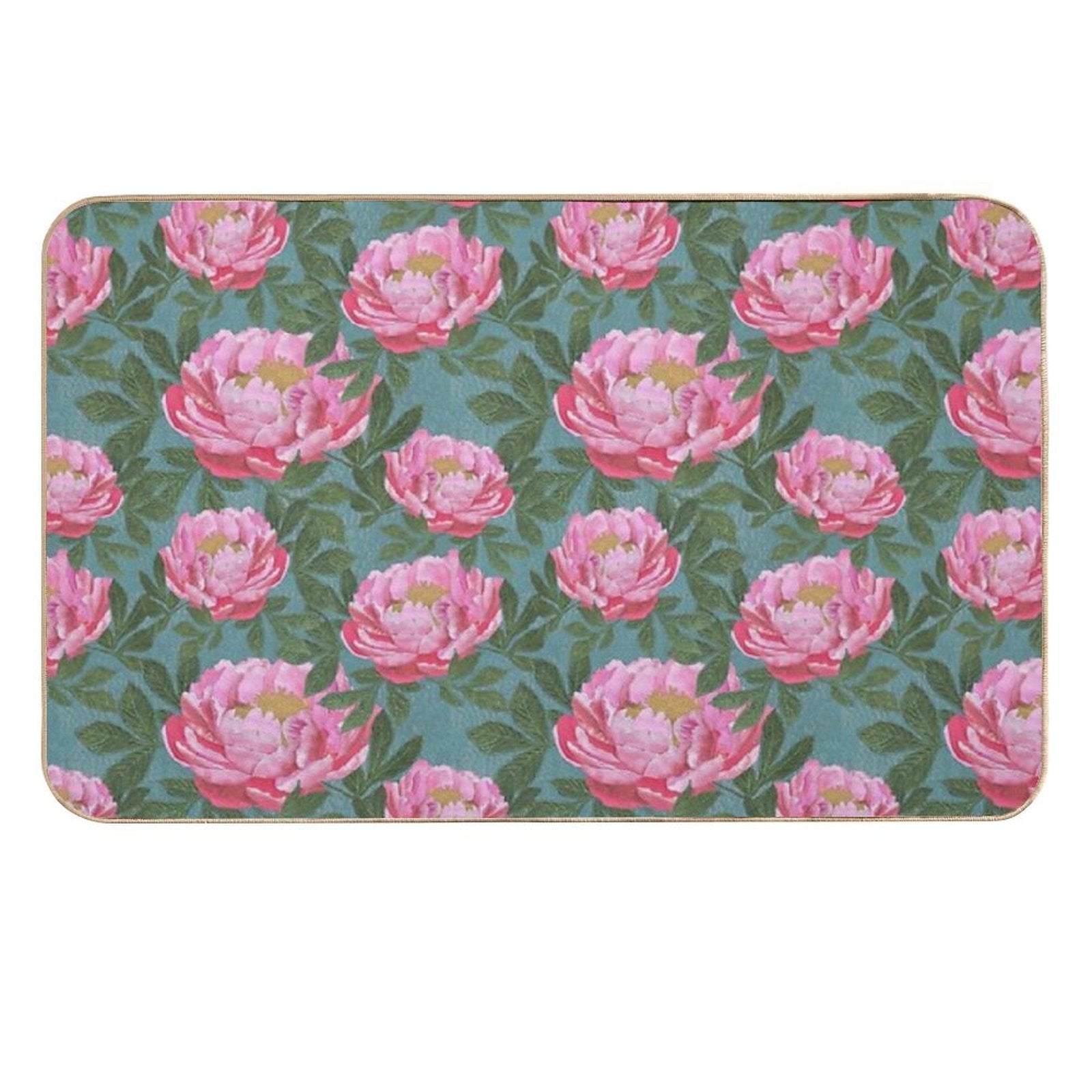 Peony on Teal  Non-Slip Bath Mat