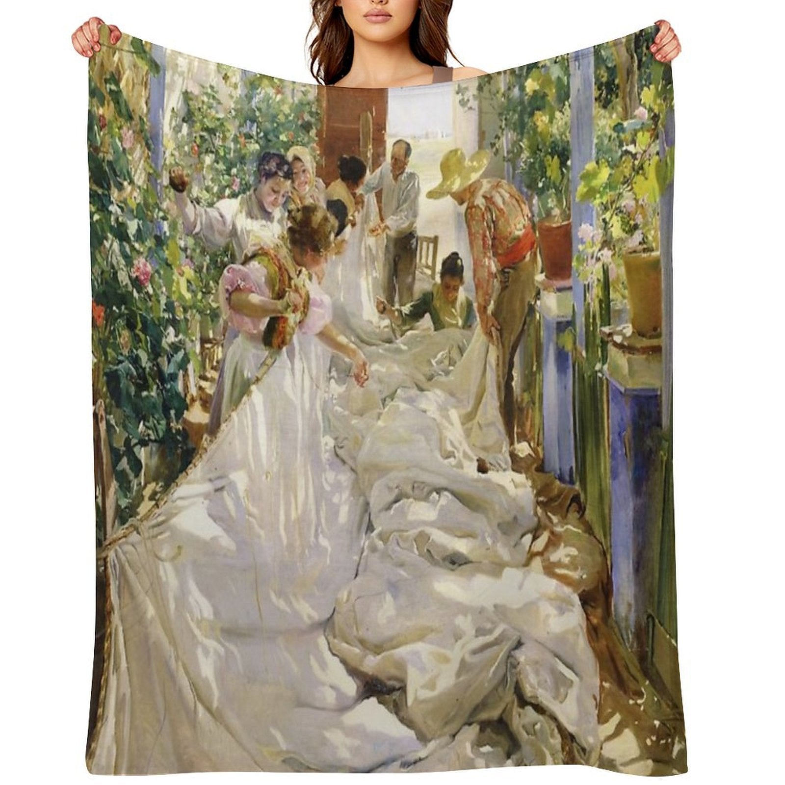 Joaquín Sorolla - Sewing The Sail Velvety-soft Throw Blanket