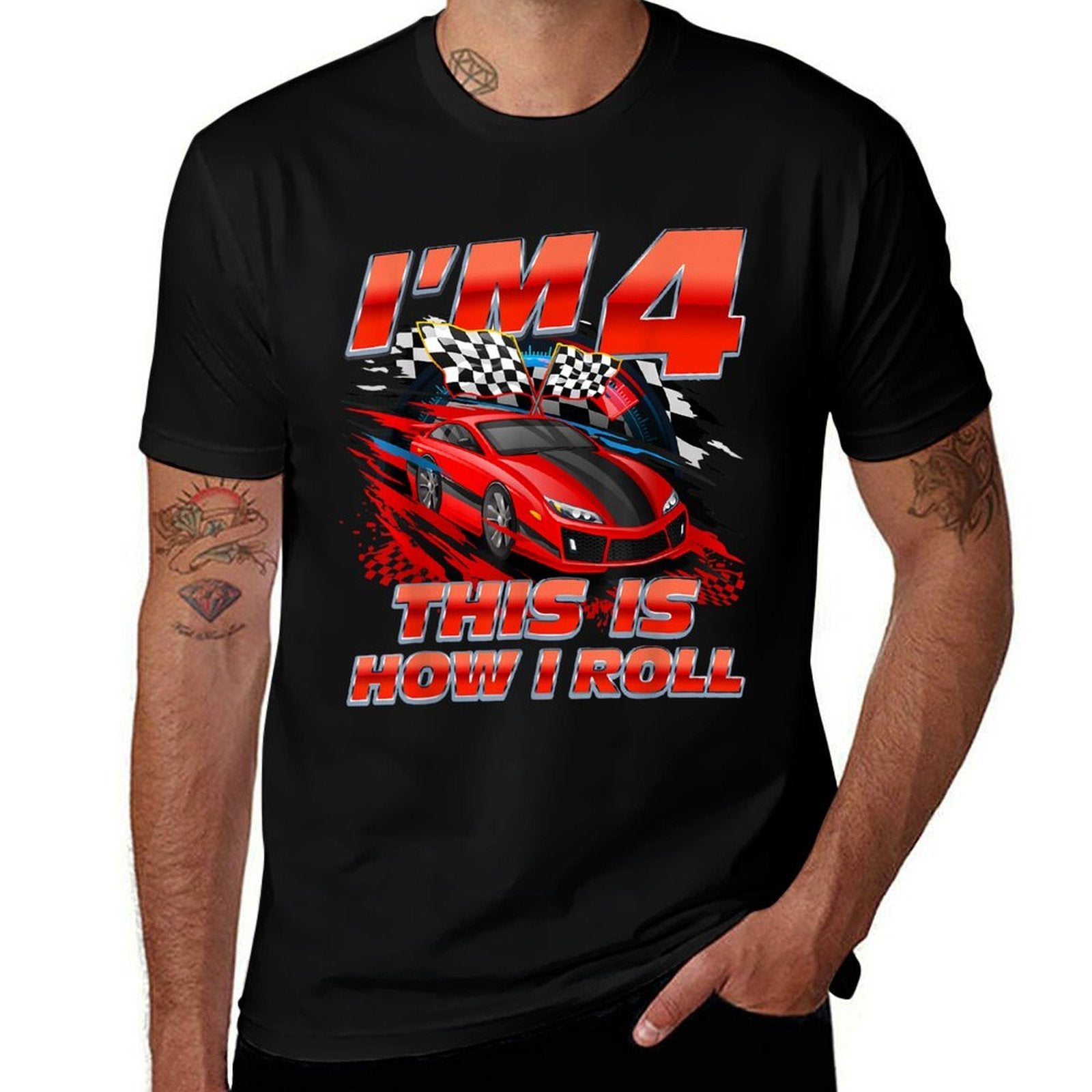 4 Year Old Race Car 4th Birthday Racecar Racing Boy Kids  Rolled Sleeves T-Shirt