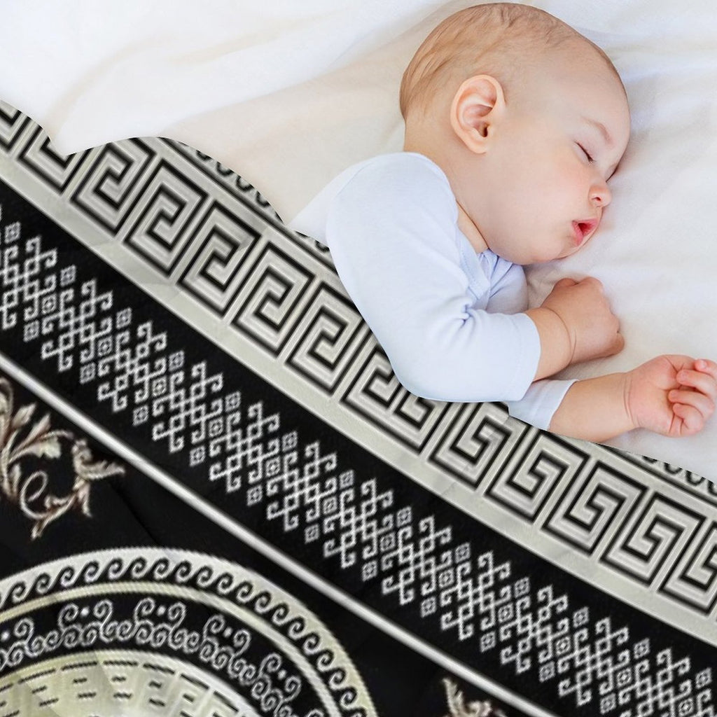 Greek Key Meander Cream Black Medallion Ornate Baroque Travel-friendly Throw Blanket