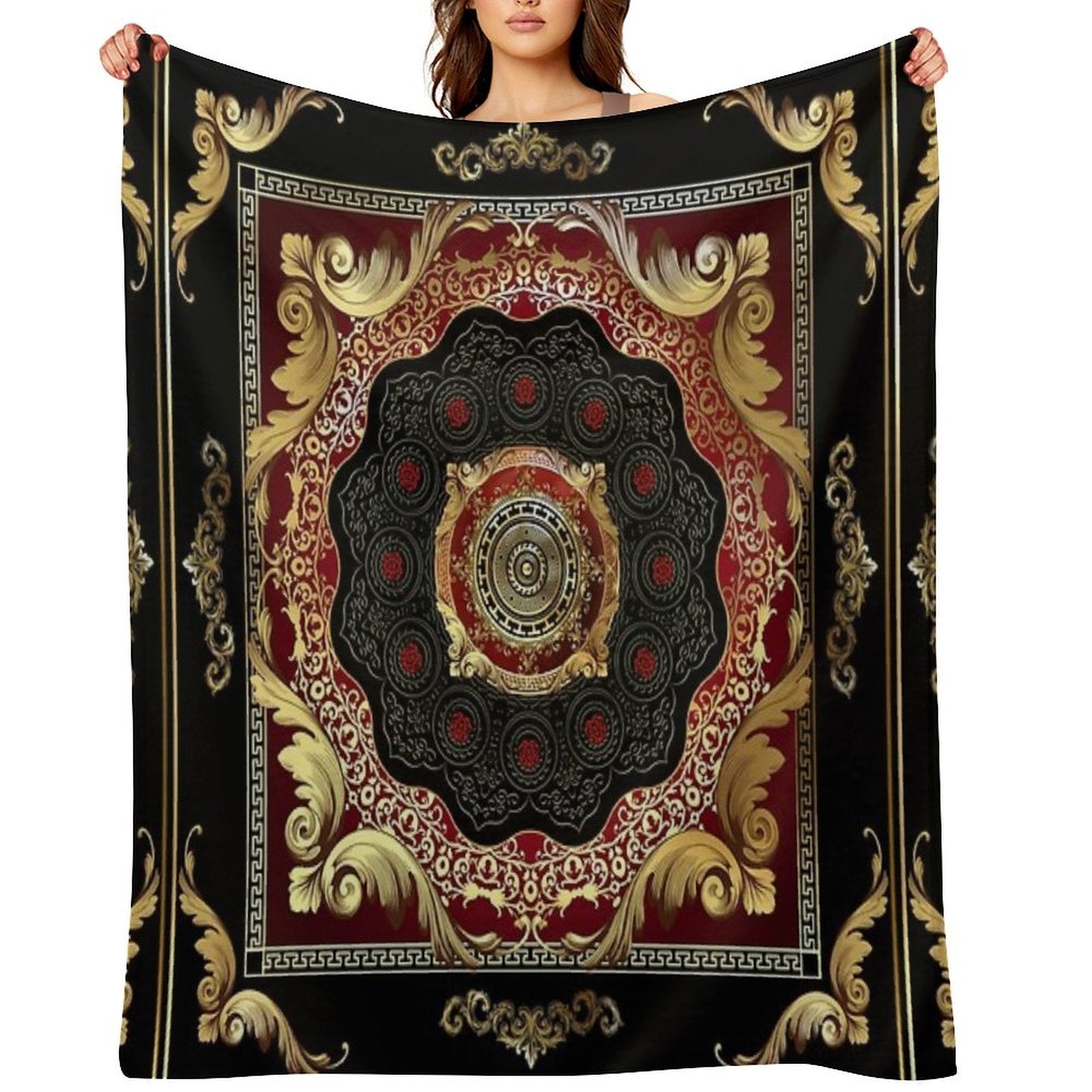 Ornate Baroque Filigree Red Black Gold Greek Key Meander Easy Care Throw Blanket