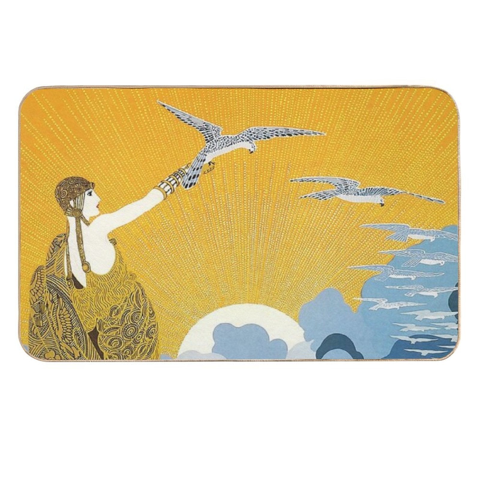 Art Deco Era Fashion, Woman with Birds And Ocean  Rapid-Drying Bath Mat