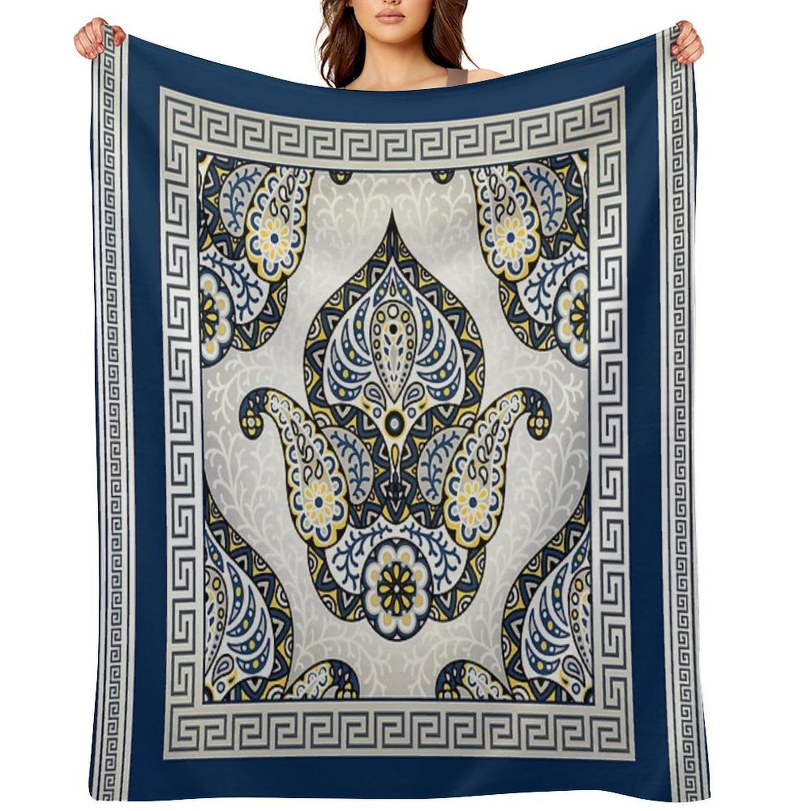 Greek Keys Blue Cream Yellow Intricate Design Plush Throw Blanket