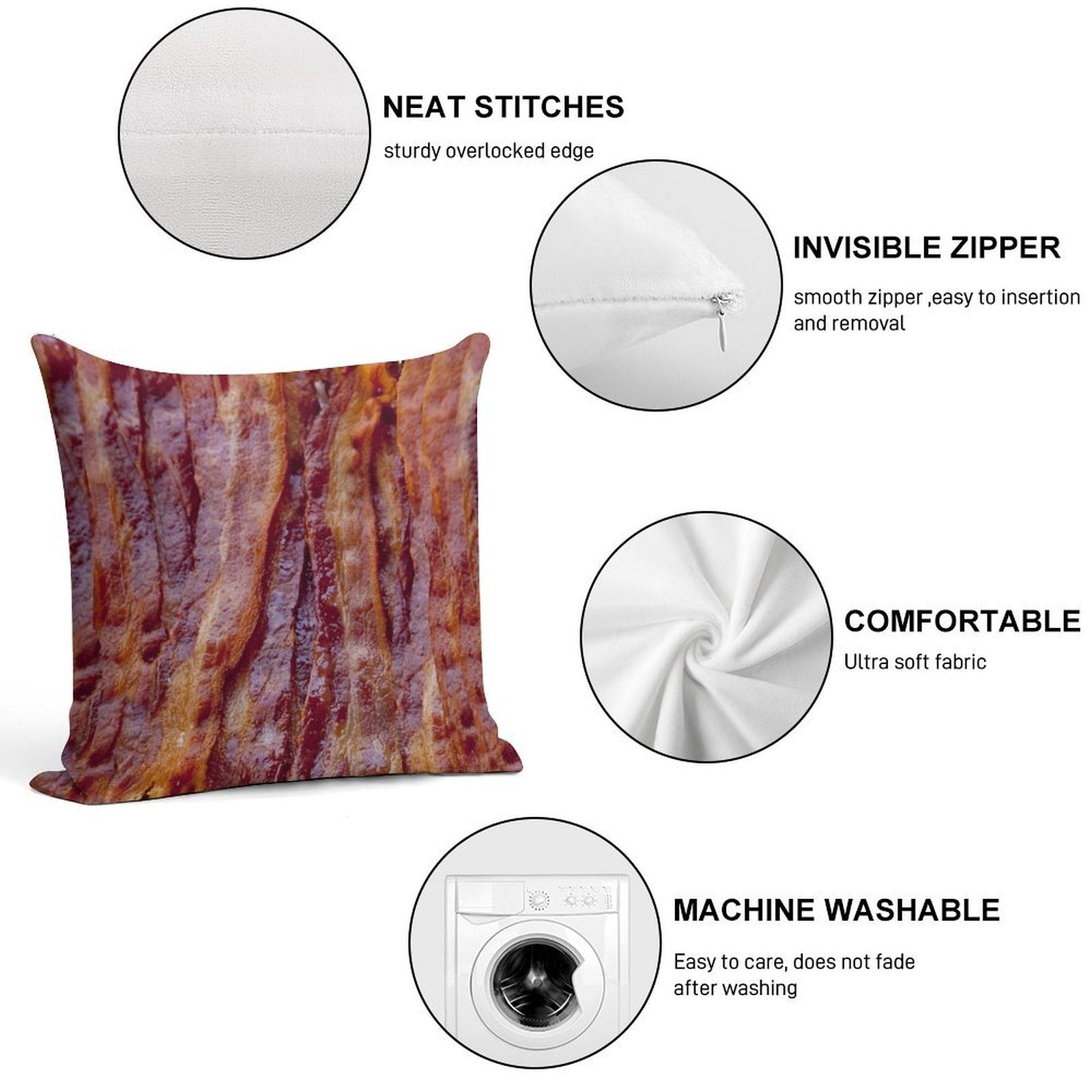 Fried Bacon Soft Short Plush Fabric Throw Pillow