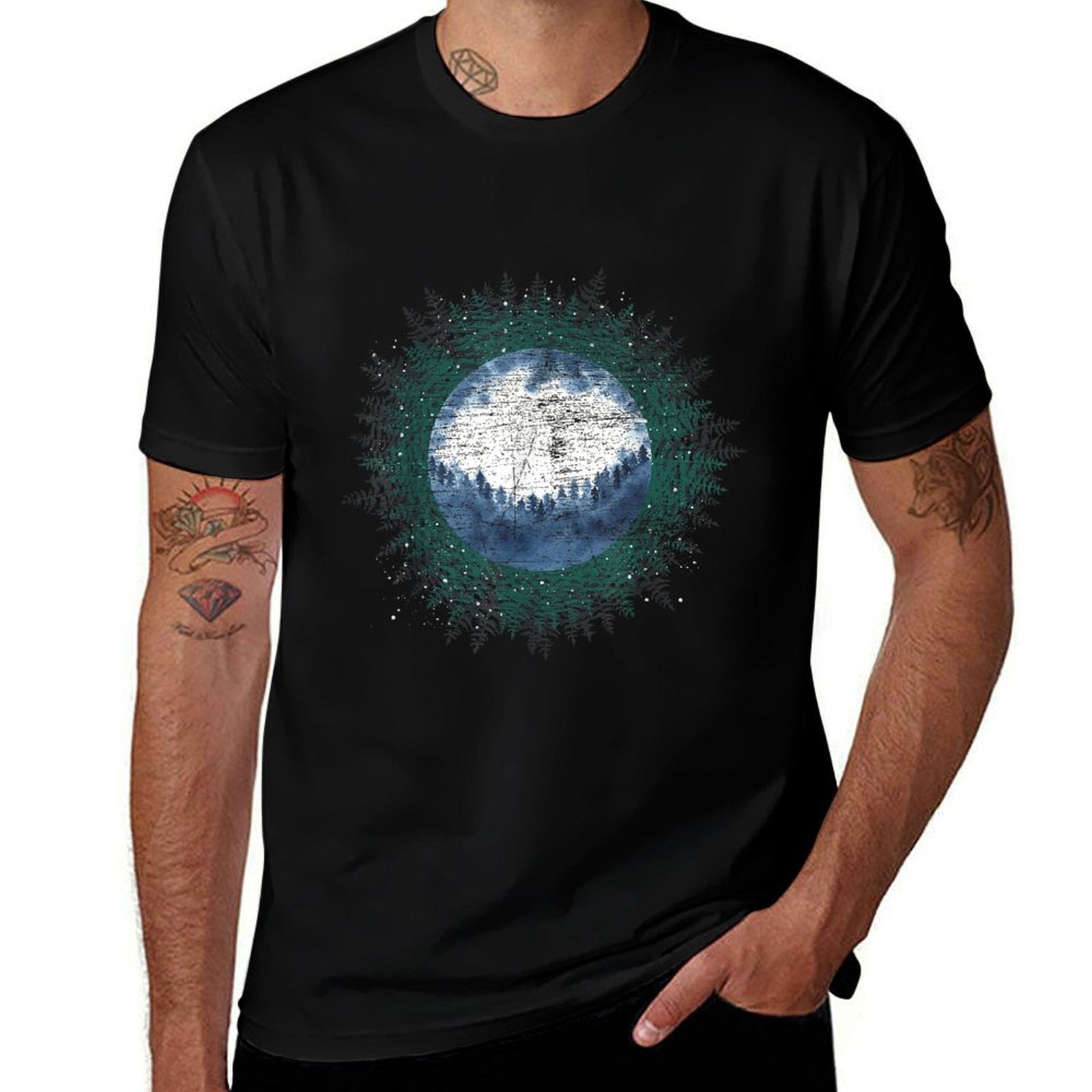 Moonlight Outdoor Wild Trees Wildlife Forest Moon Nature  Rolled Sleeves T-Shirt
