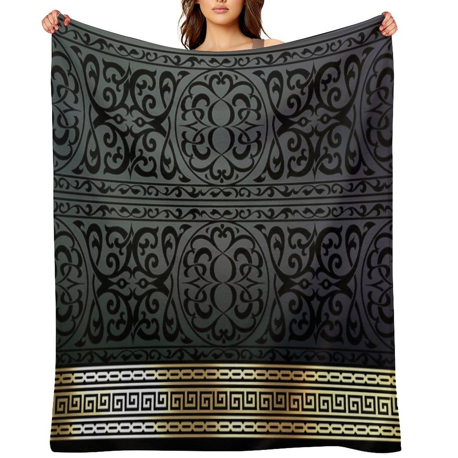 Greek Key Ornate Black & Gold All-season Throw Blanket