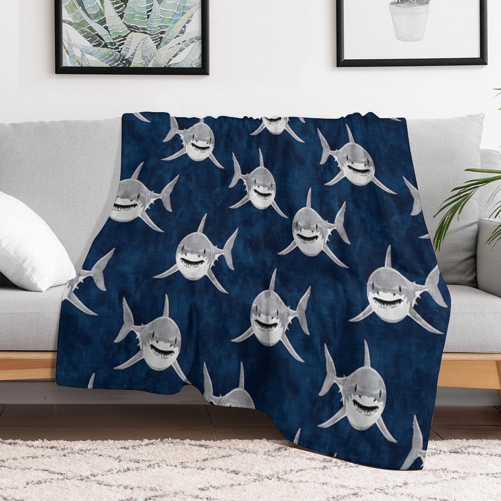 Sharks! - Dark Blue Sustainable Throw Blanket