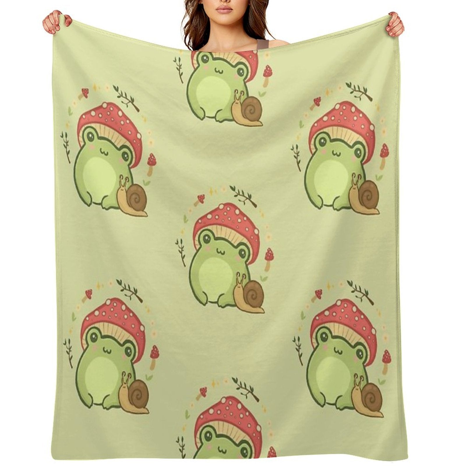 Cute Kawaii Frog with Toadstool Mushroom Hat And Snail Cottagecore Aesthetic Love Machine-washable Throw Blanket
