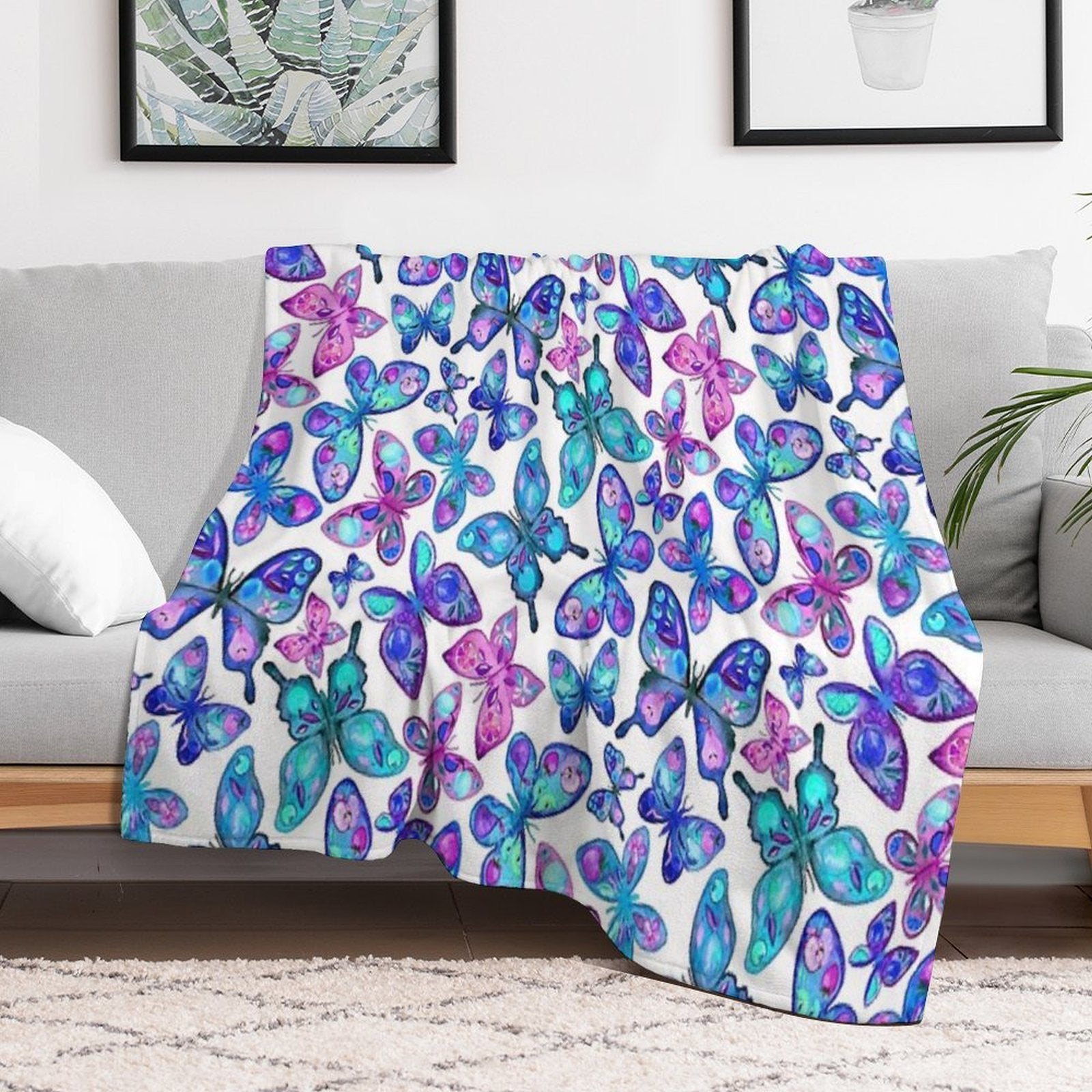 Watercolor Fruit Patterned Butterflies - Aqua And Sapphire Compact Throw Blanket