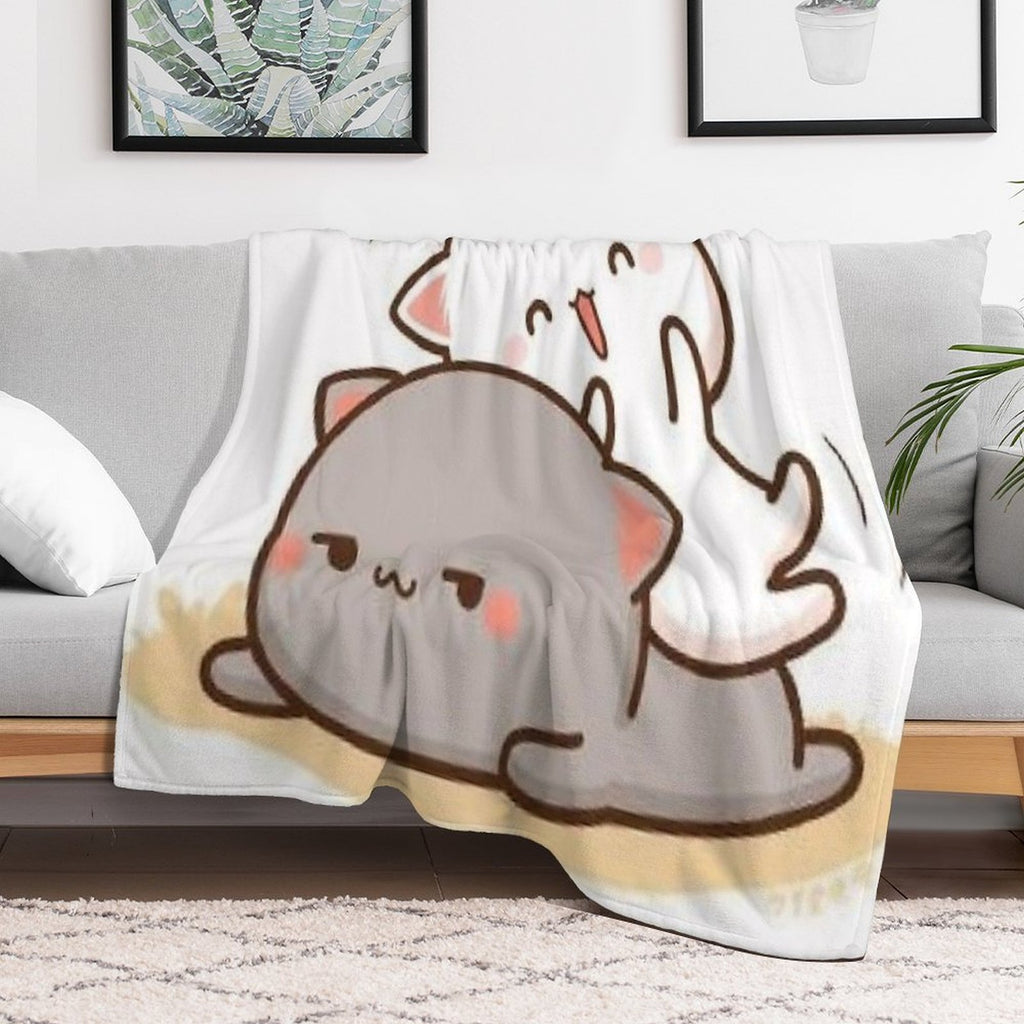 Peach Sitting on Goma - Mochi Peach Cat Machine-washable Throw Blanket