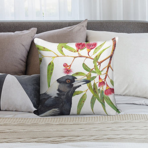 Australian Magpie And Eucalyptus Blossoms Watercolour Painting Soft High-Density Material Throw Pillow