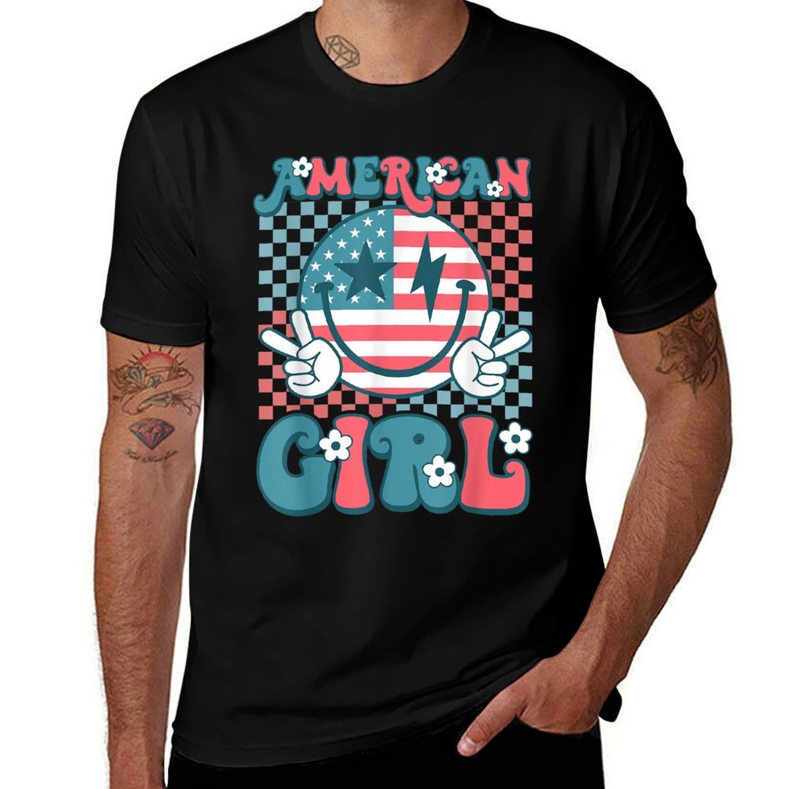 Retro Groovy Fourth 4th of July Smile American Girl  Tagless Design T-Shirt