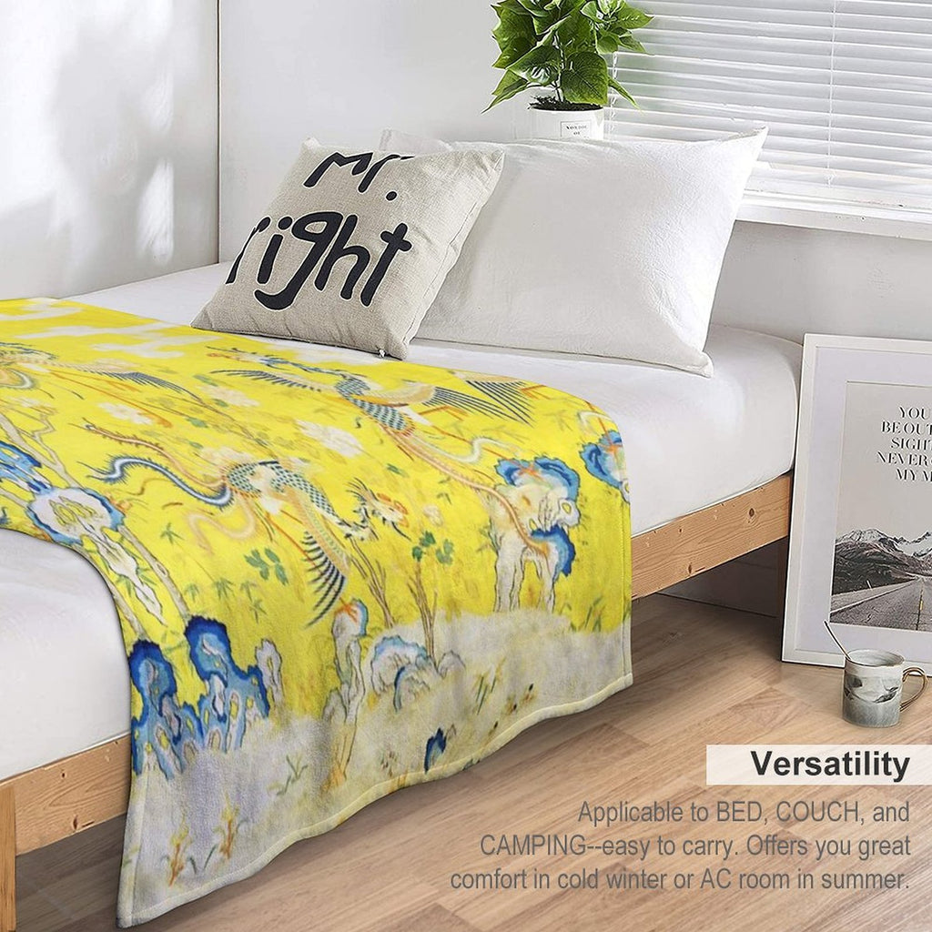 Five Phoenixes in The Garden ,Chinese Imperial Bright Yellow Floral Tapestry Plush Throw Blanket