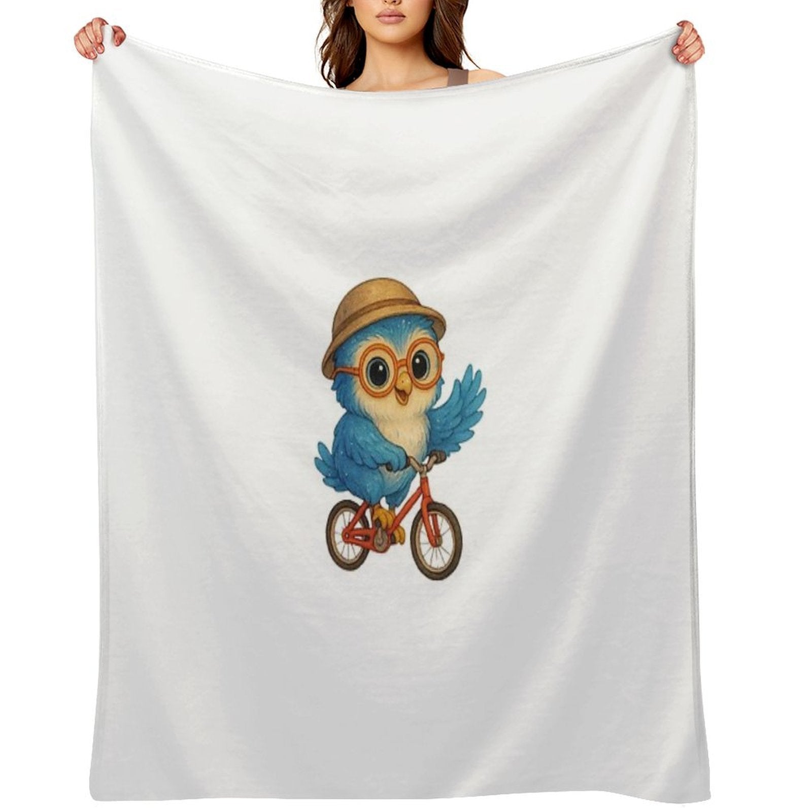 Cute Blue Owl Riding A Bicycle – Kawaii Cartoon Animal Adventure Sustainable Throw Blanket