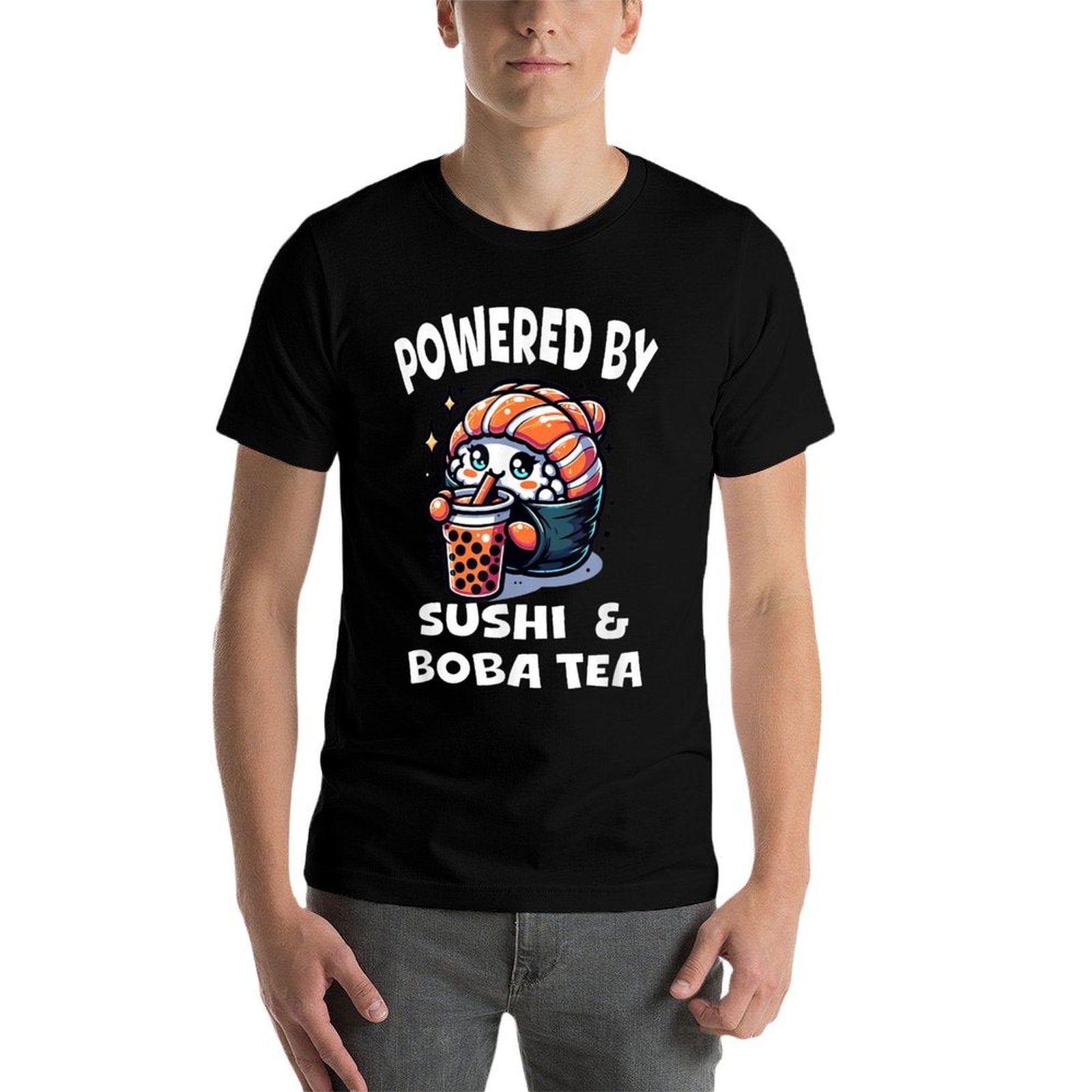 Powered By Sushi And Boba Tea Kawaii Japanese Food Anime  Wrinkle-resistant T-Shirt