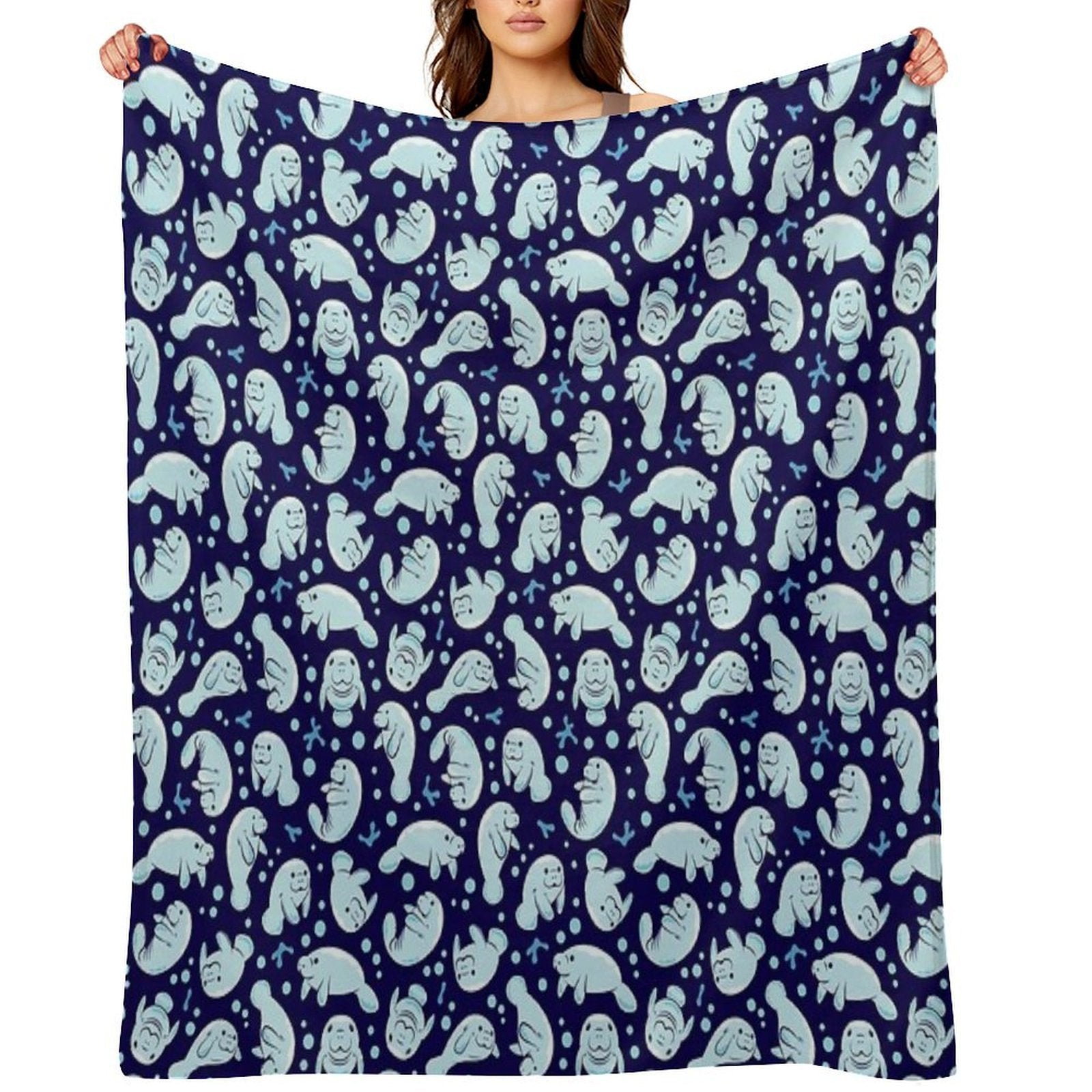 Cute Manatee Pattern - Blue Underwater Pattern Compact Throw Blanket