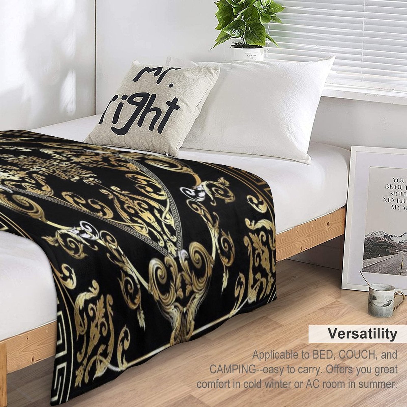 Ornate Baroque Filigree Gold Black Waves Greek Meander All-season Throw Blanket