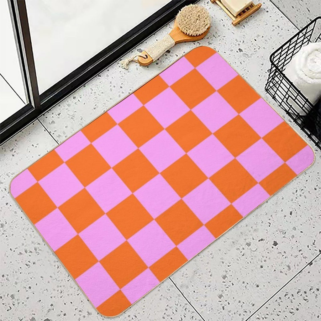 Checkerboard Retro Check Geometric Checked Pattern in Bright Orange Red And Pink  Long-Lasting Bath Mat