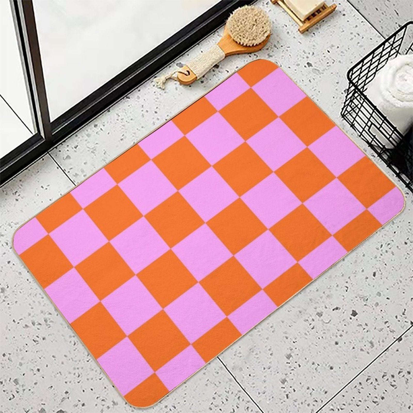 Checkerboard Retro Check Geometric Checked Pattern in Bright Orange Red And Pink  Long-Lasting Bath Mat