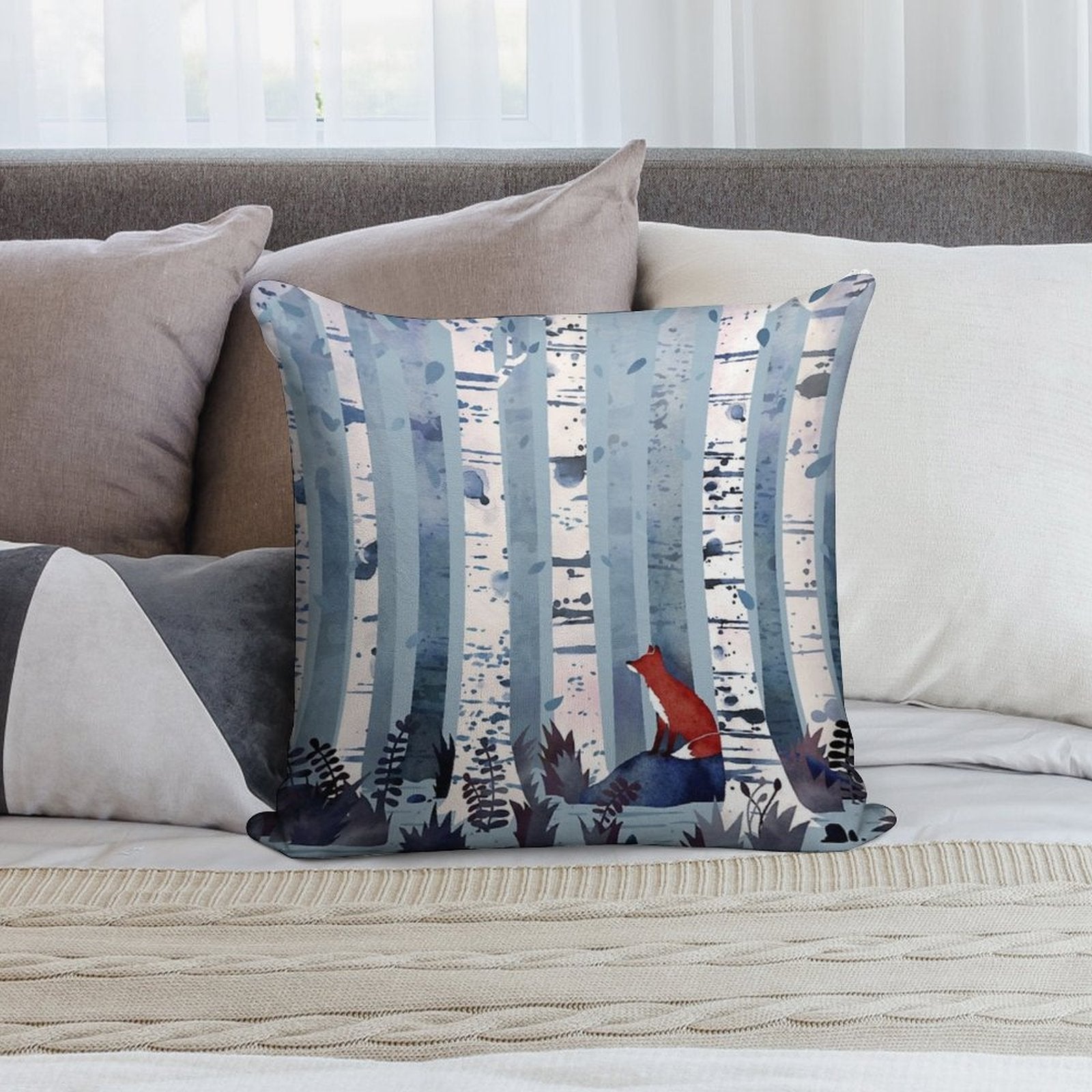 The Birches (in Blue) Soft Durable Construction Throw Pillow