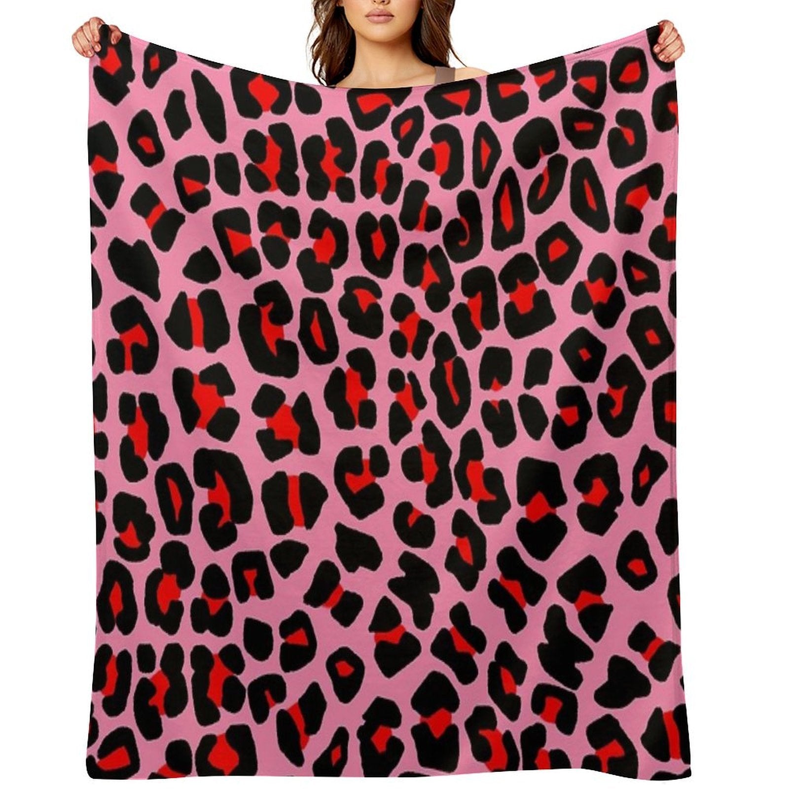 Red Leopard Print Spots on Pink Shrink-resistant Throw Blanket