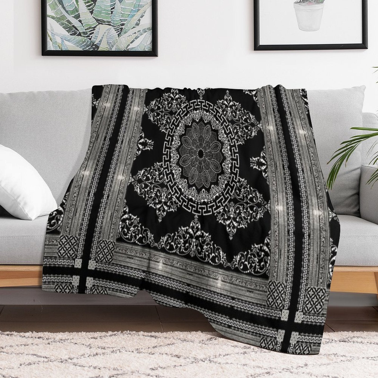Ornate Baroque White Black Intricate Greek Key Border Versatility Throw Blanket