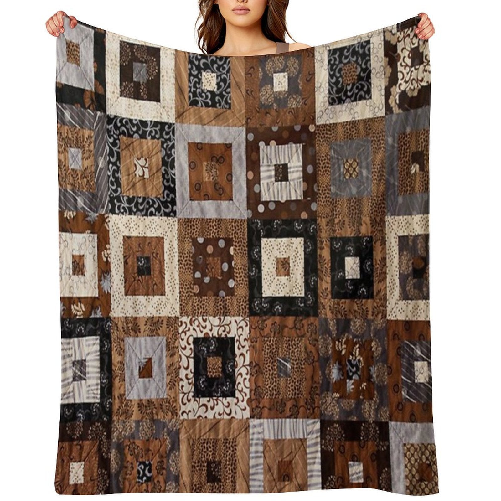 Classic Retro Brown Quilted Patchwork Quilting Pattern Mosaic Motif Compact Throw Blanket