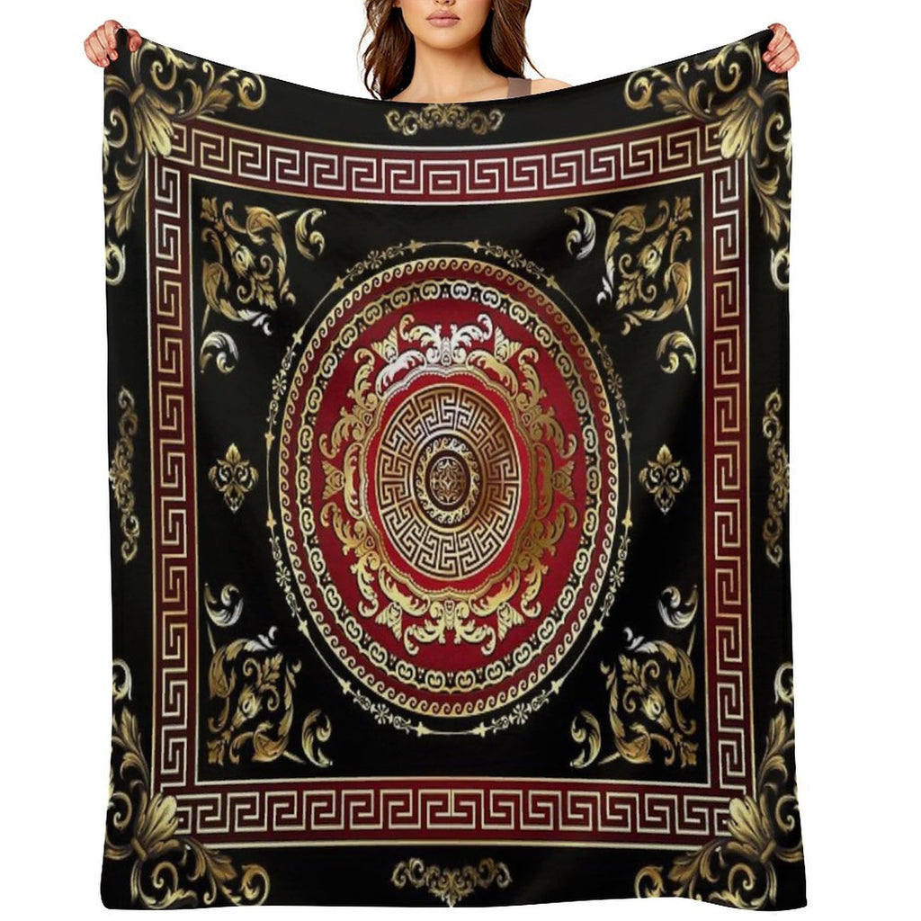 Greek Key Meander Black Gold Red Medallion Baroque Multi-functional Throw Blanket