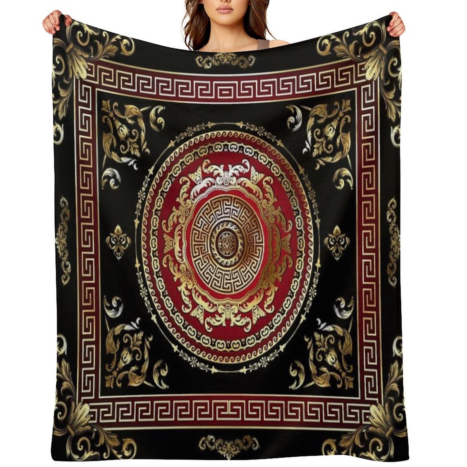 Greek Key Meander Black Gold Red Medallion Baroque Multi-functional Throw Blanket
