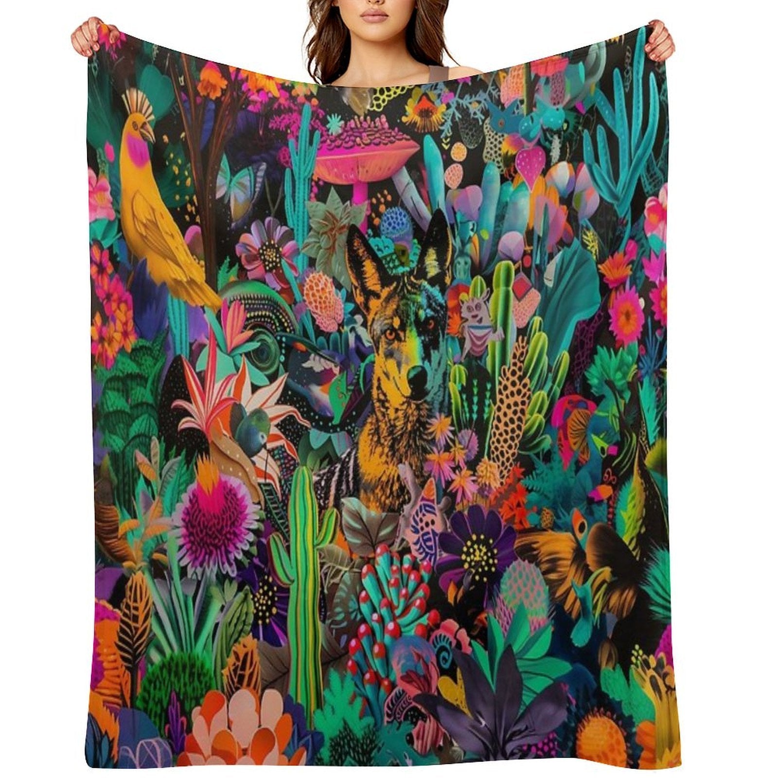 Vibrant Coyote Collage Art in A Botanical Wonderland Versatility Throw Blanket
