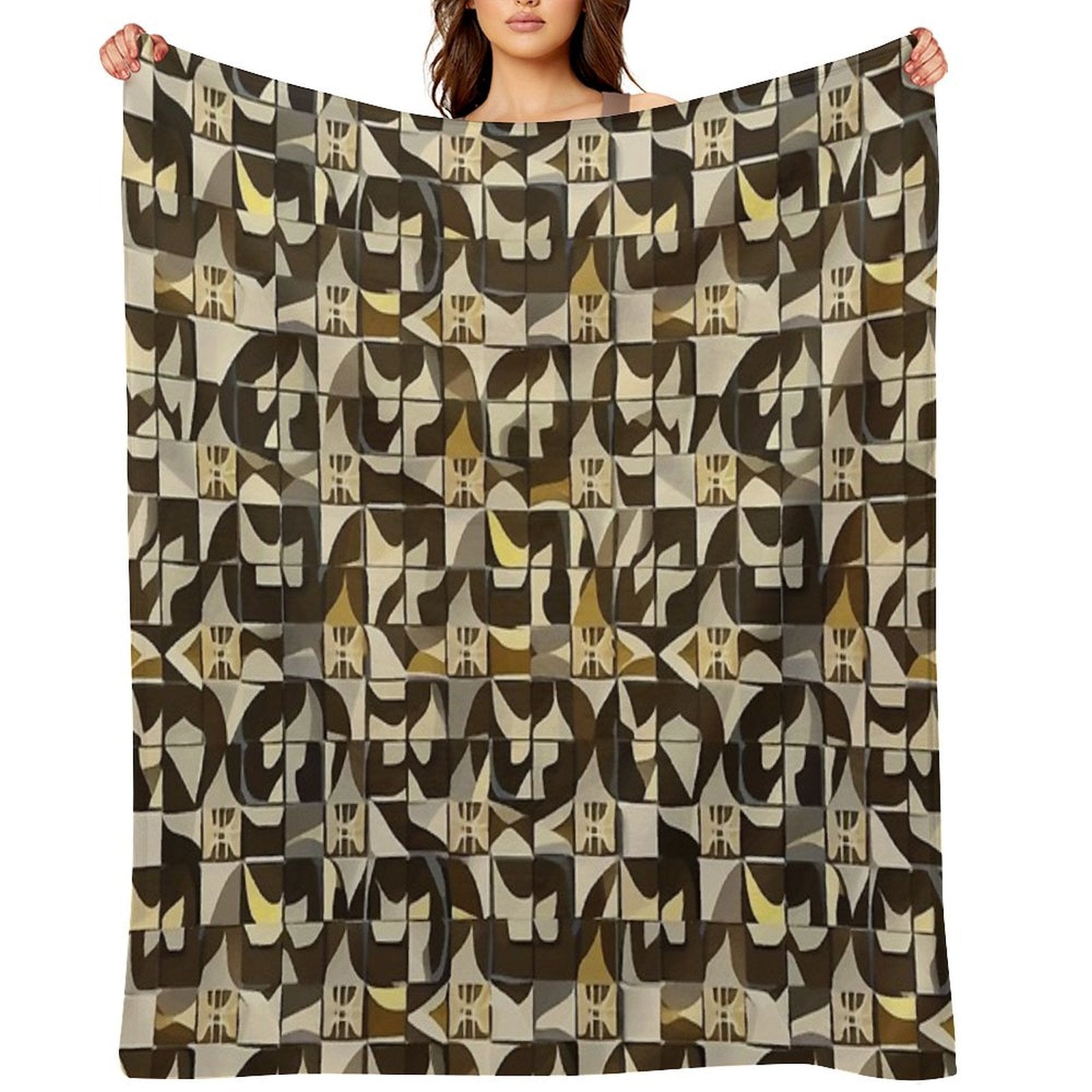 Retro Tile Pattern Brown Shades with Little White, Silver And Beige All-season Throw Blanket
