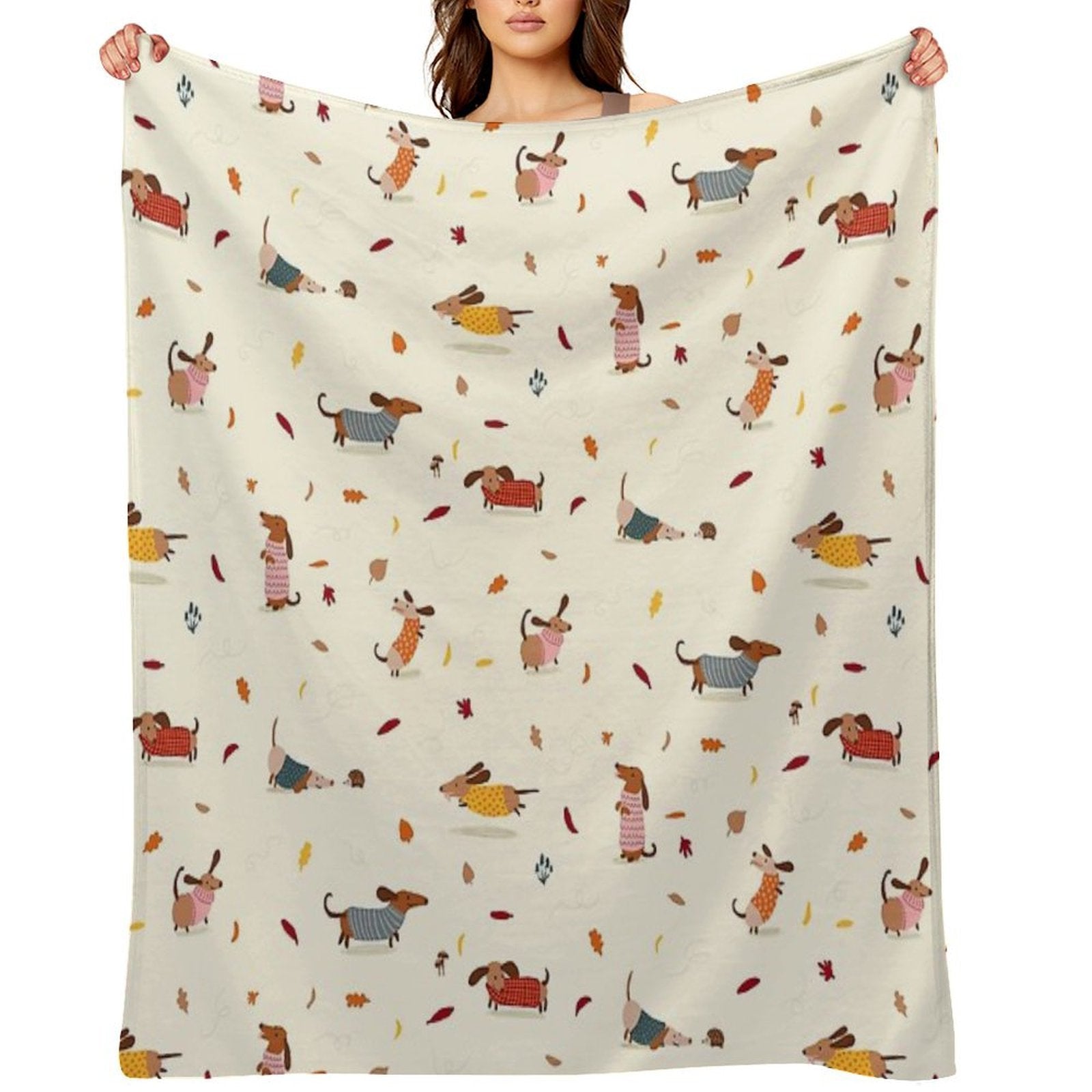Cute Dachshunds in Winter Sweaters with Autumn Leaves Comfort Throw Blanket