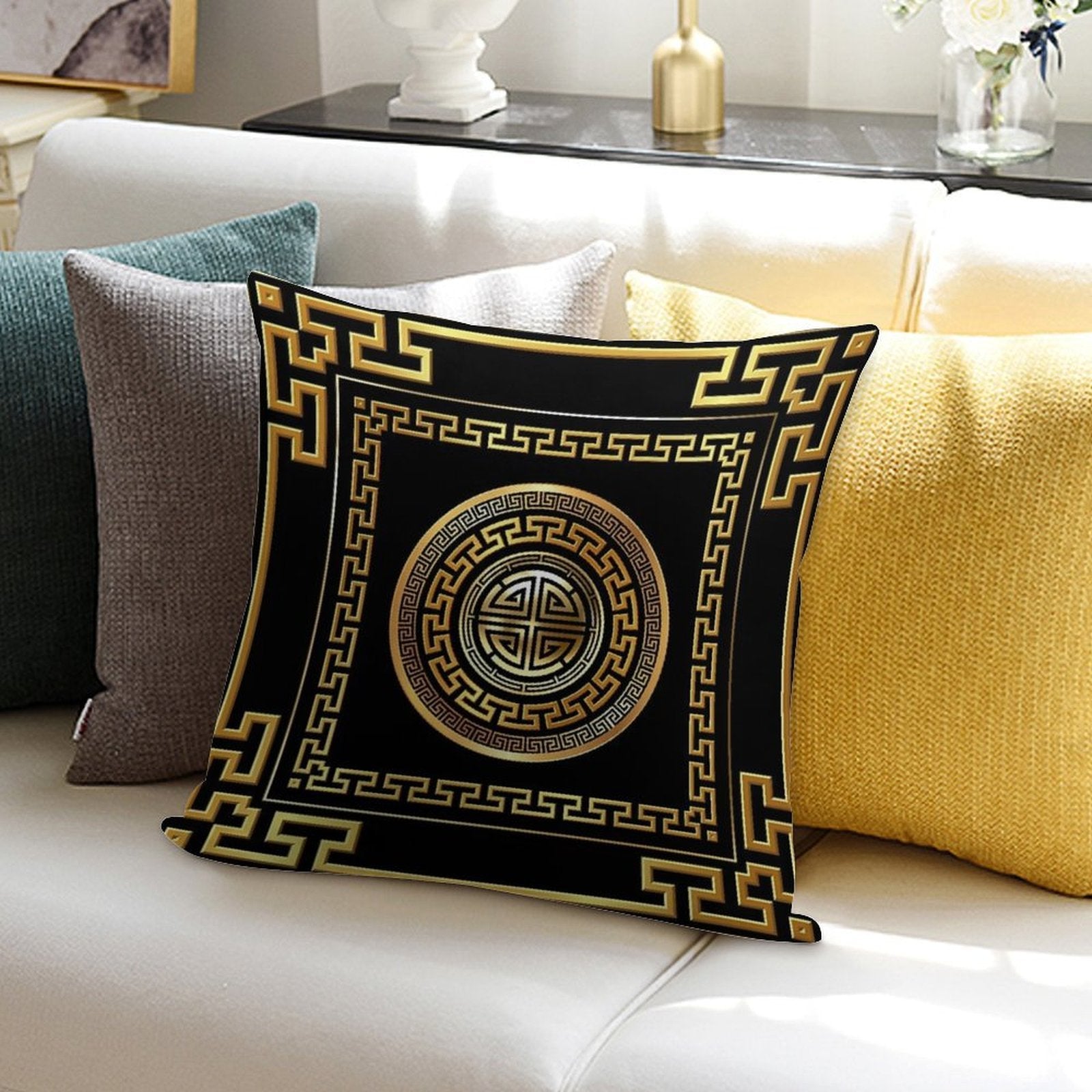 Greek Key Meander Black Gold Large Soft Fade-Resistant Throw Pillow