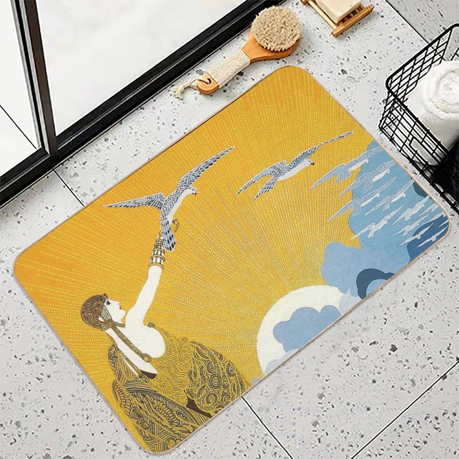Art Deco Era Fashion, Woman with Birds And Ocean  Rapid-Drying Bath Mat